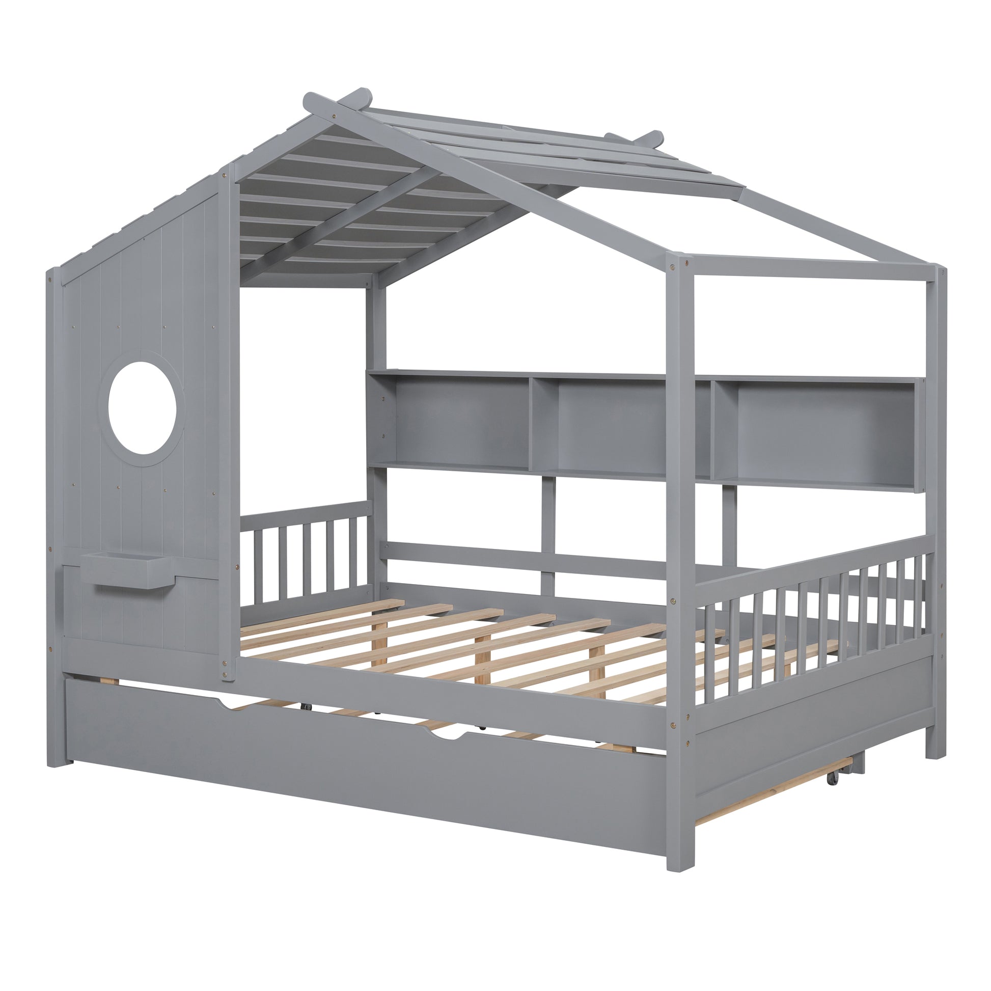 Wooden Full Size House Bed With Trundle, Modern Design For Kids With Storage Shlef, Gray Full Gray Solid Wood