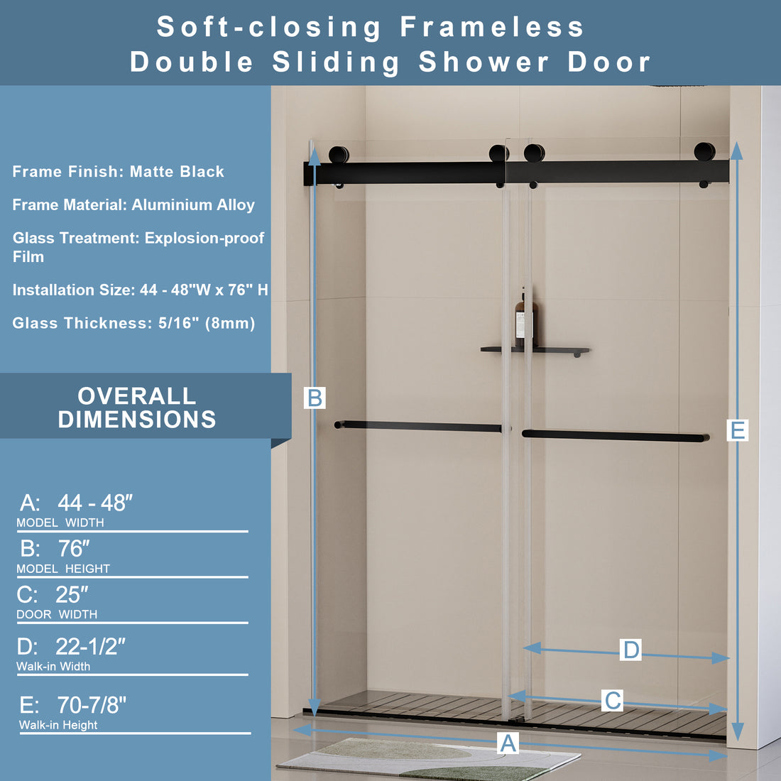 44 48 In. W X 76 In. H Frameless Soft Closing Shower Door, Double Sliding Shower Door, 5 16" 8Mm Clear Tempered Glass Shower Door With Explosion Proof Film, Matte Black 24D213 48Mb Matte Black Stainless Steel