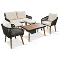 K&K 6 Piece Rope Patio Furniture Set, Outdoor Furniture With Acacia Wood Cool Bar Table With Ice Bucketdeep Seat Patio Conversation Set With Two Stools For Backyard Porch Balcony Black & Beige Yes Complete Patio Set Beige Black Seats 6 Weather Resistant