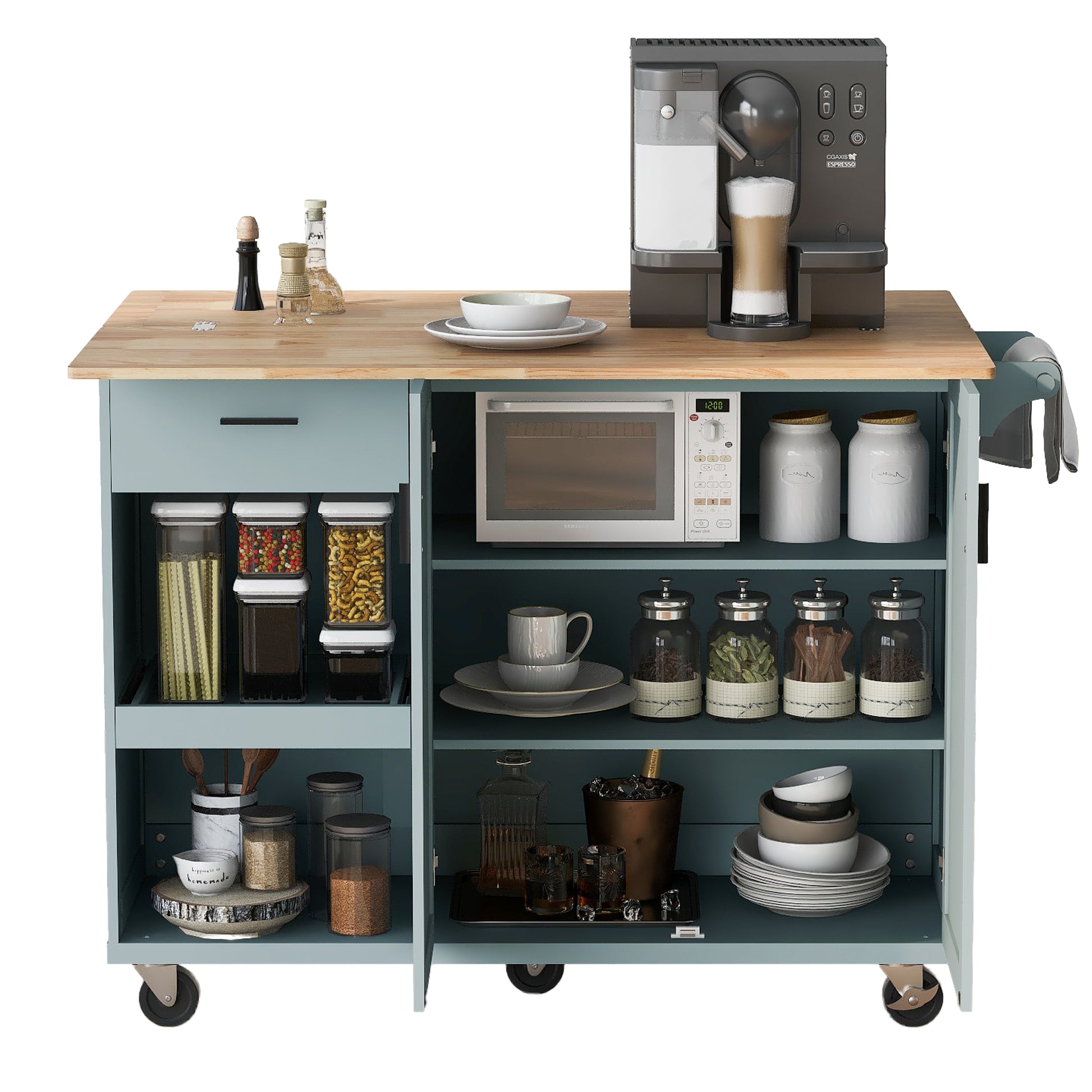 K&K Kitchen Island With Foldable Counter Top, Kitchen Storage Cart With Slide Out Shelf, Towel Rack And Drawer, Rolling Kitchen Cart On Wheels, For Kitchen, Living Room, Dining Room, Grey Blue Grey Blue Brown Kitchen Classic,Farmhouse,Luxury,Modern