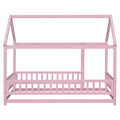 Twin Size Floor Wooden Bed With House Roof Frame, Fence Guardrails,Pink Twin Pink Pine