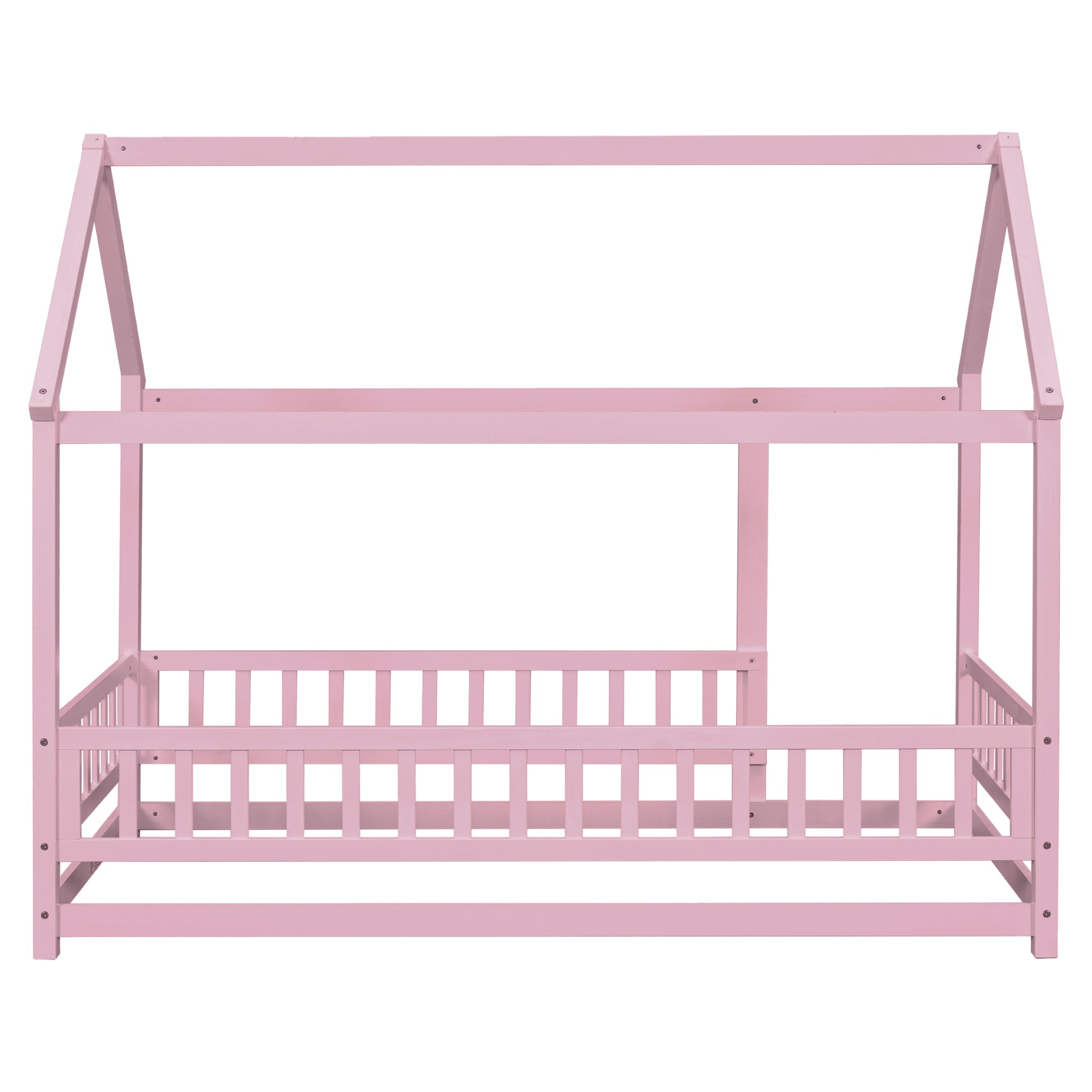 Twin Size Floor Wooden Bed With House Roof Frame, Fence Guardrails,Pink Twin Pink Pine