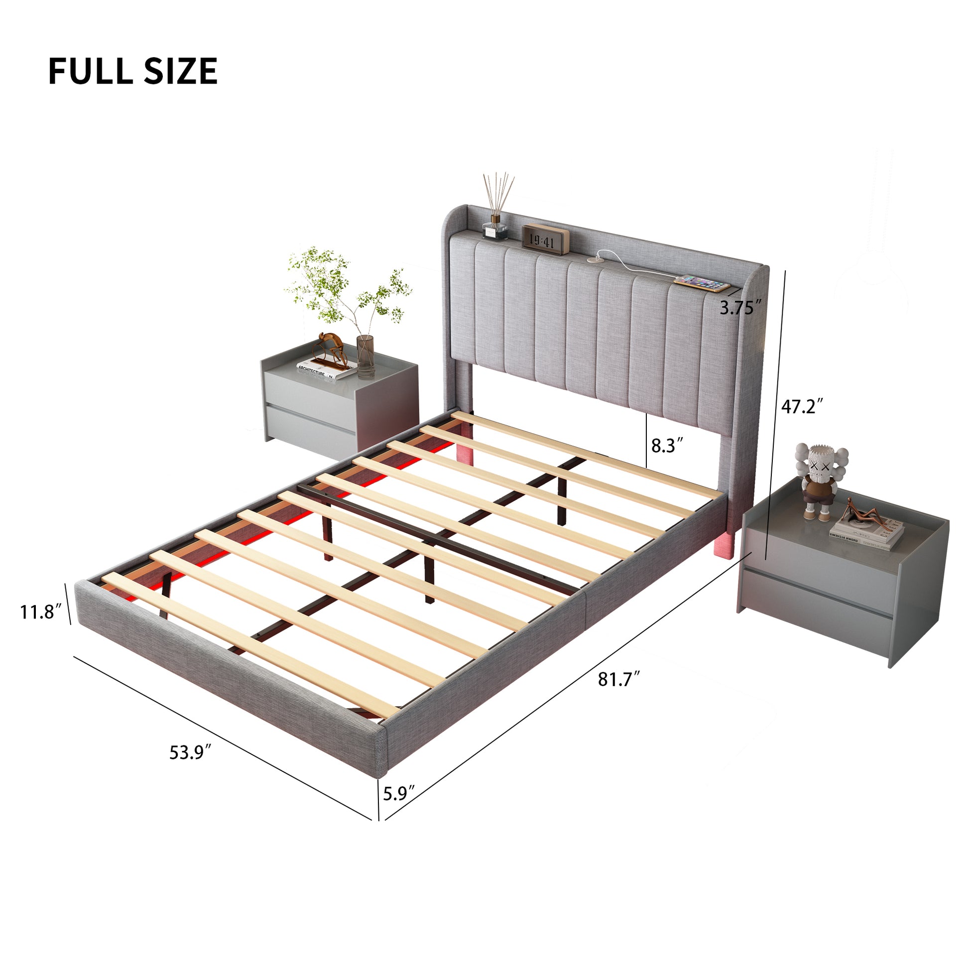 Full Size Floating Bed Frame,With Remote Control Led Lights With Appwood Platform Light Grey Full Light Grey Fabric Metal