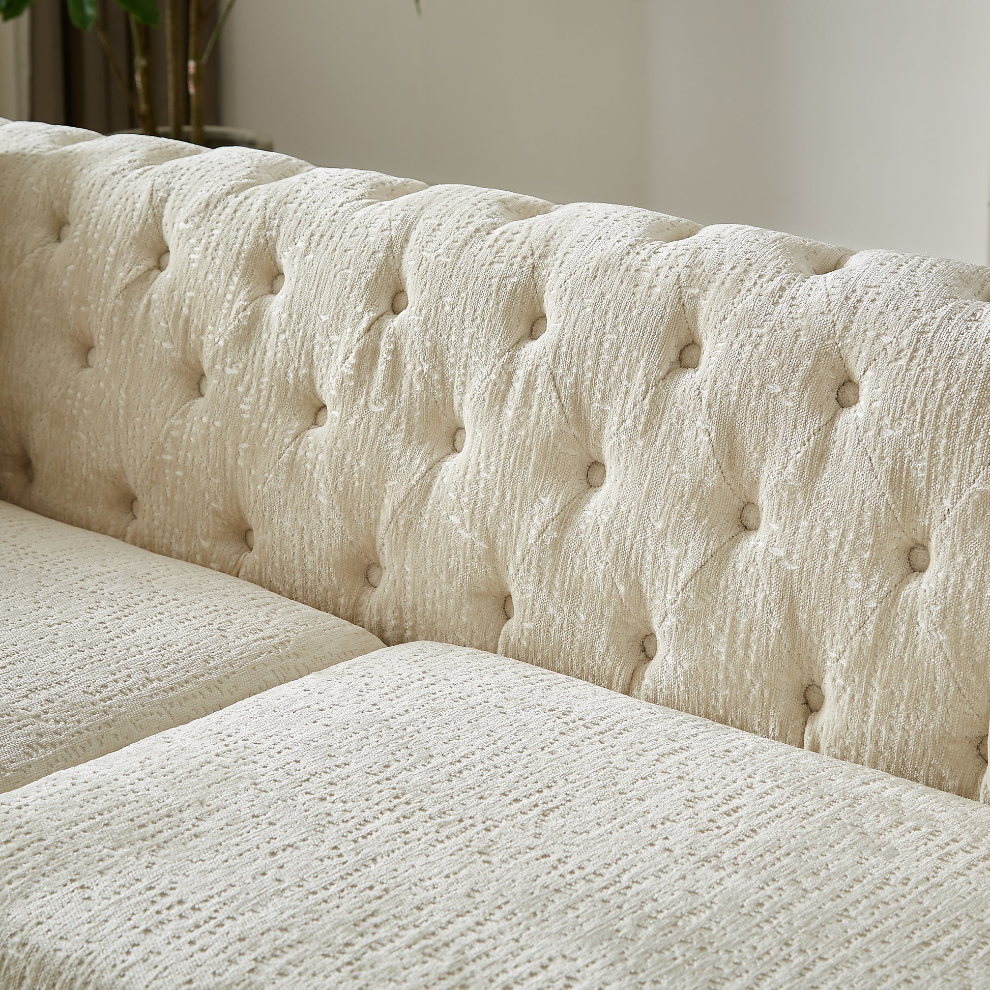 82 Inch Chenille Pull Buckle Design Sofa For Living Room,Buttons Tufted With Copper Nail Decoration Armrest, Modern Couch Upholstered Button And Metal Legs Beige Foam Chenille 3 Seat