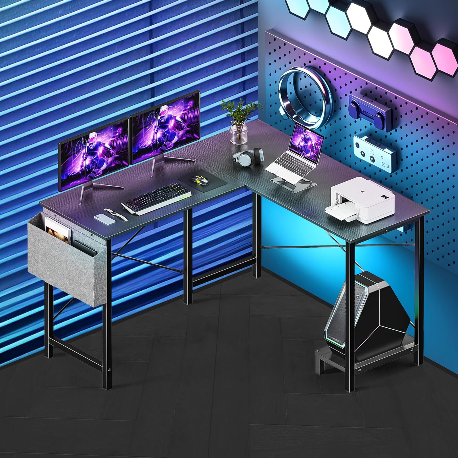 L Shaped Desk Gaming Computer 50 Inch Reversible Corner Table Pc For Writing Study Student With Wood Tabletop Metal Frame Cpu Stand Side Bag For Home Office Small Place, Black Black Wood