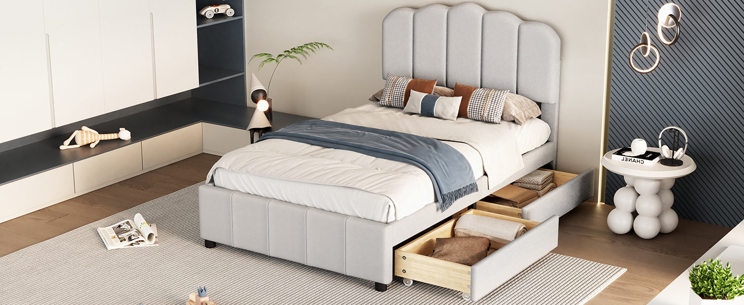 Twin Size Upholstered Bed With 2 Storage Drawers,Wood Slat Support, Beige Twin Beige Upholstered