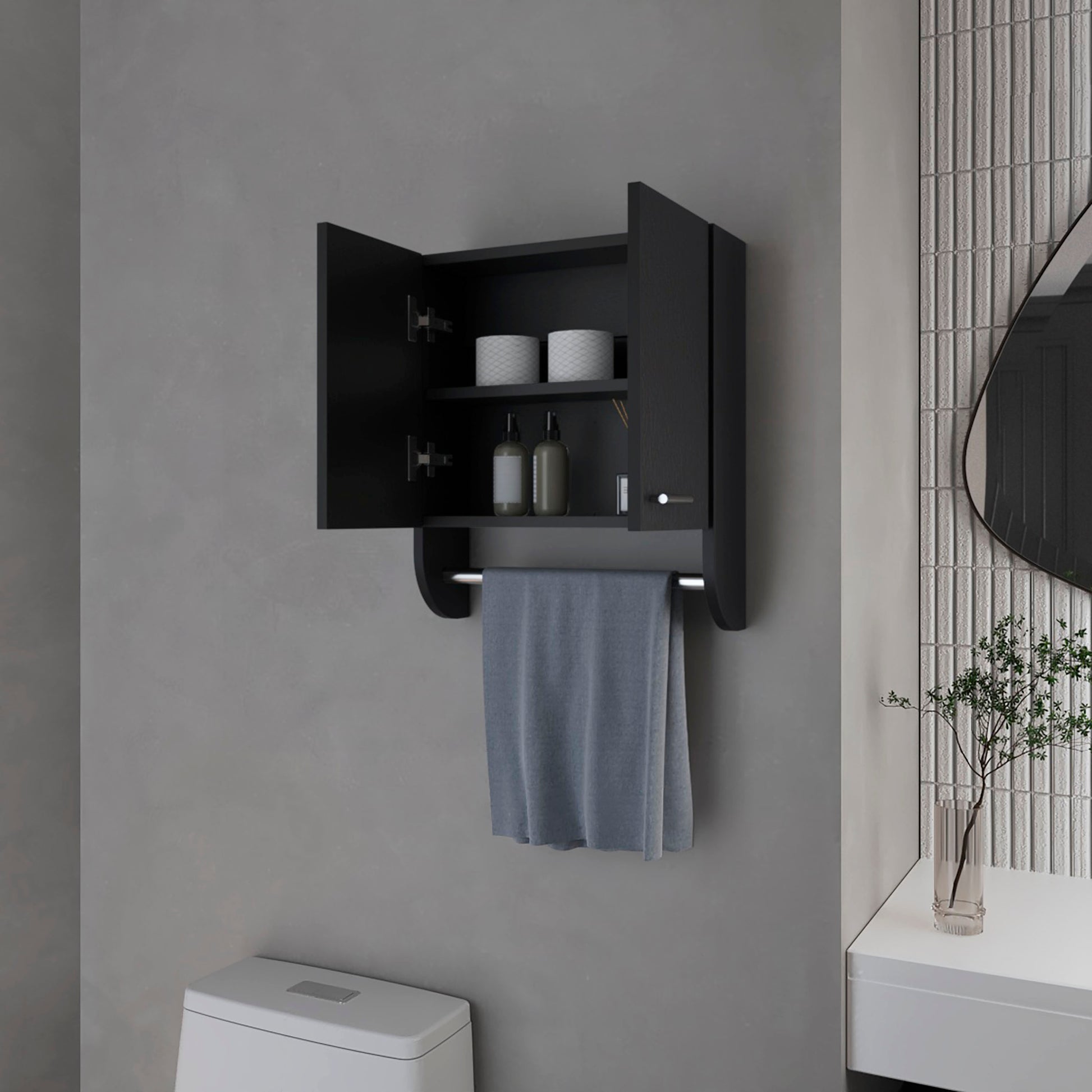 Goodyear Medicine Cabinet In Melamine With A Towel Bar, Black Black 2 2 Bathroom Wall Mounted Minimalist,Modern Particle Board Melamine