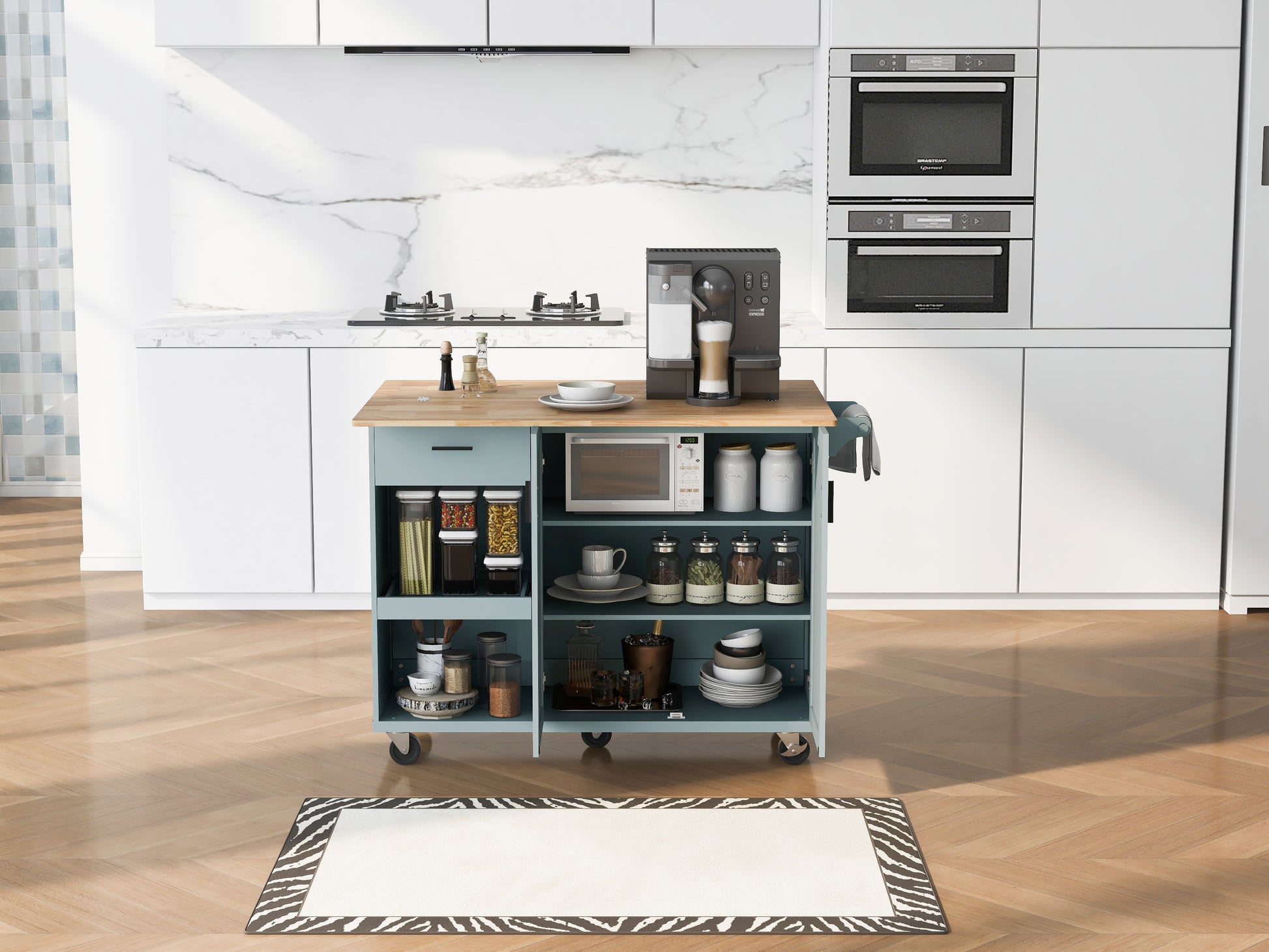 K&K Kitchen Island With Foldable Counter Top, Kitchen Storage Cart With Slide Out Shelf, Towel Rack And Drawer, Rolling Kitchen Cart On Wheels, For Kitchen, Living Room, Dining Room, Grey Blue Grey Blue Brown Kitchen Classic,Farmhouse,Luxury,Modern