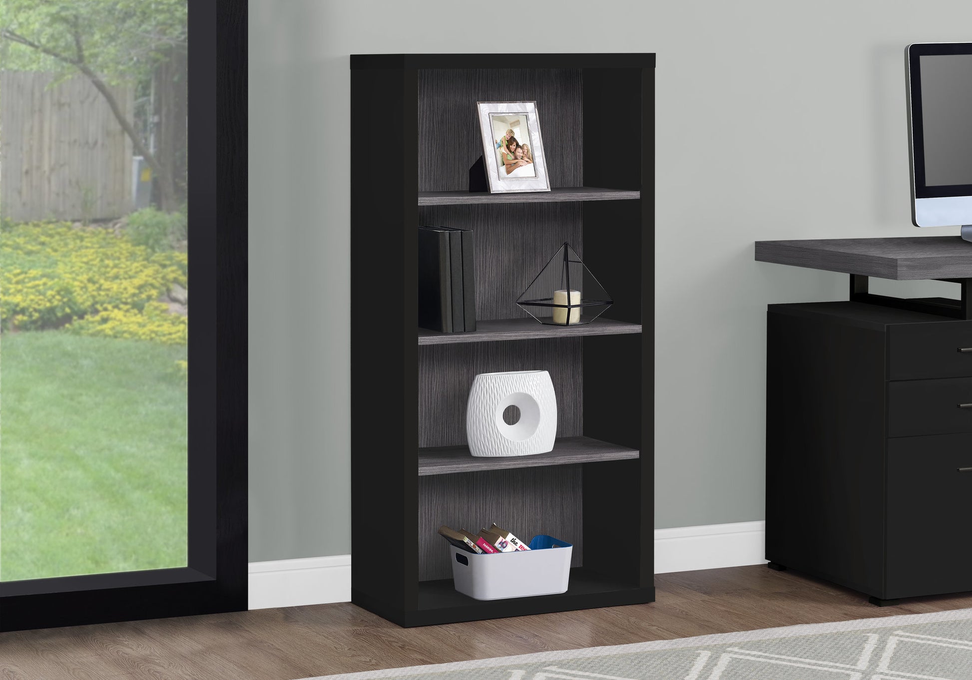 Bookshelf, Bookcase, Etagere, 5 Tier, 48"H, Office, Bedroom, Black And Grey Laminate, Contemporary, Modern Black Particle Board