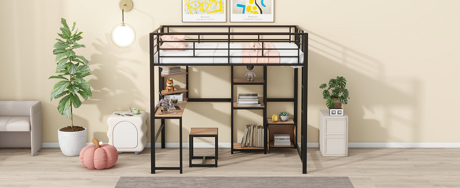 Full Size Loft Bed With Desk And Stool, Metal Loft Bed With Open Style Wardrobe, Shelves And Cabinet, Black Full Black Metal & Wood