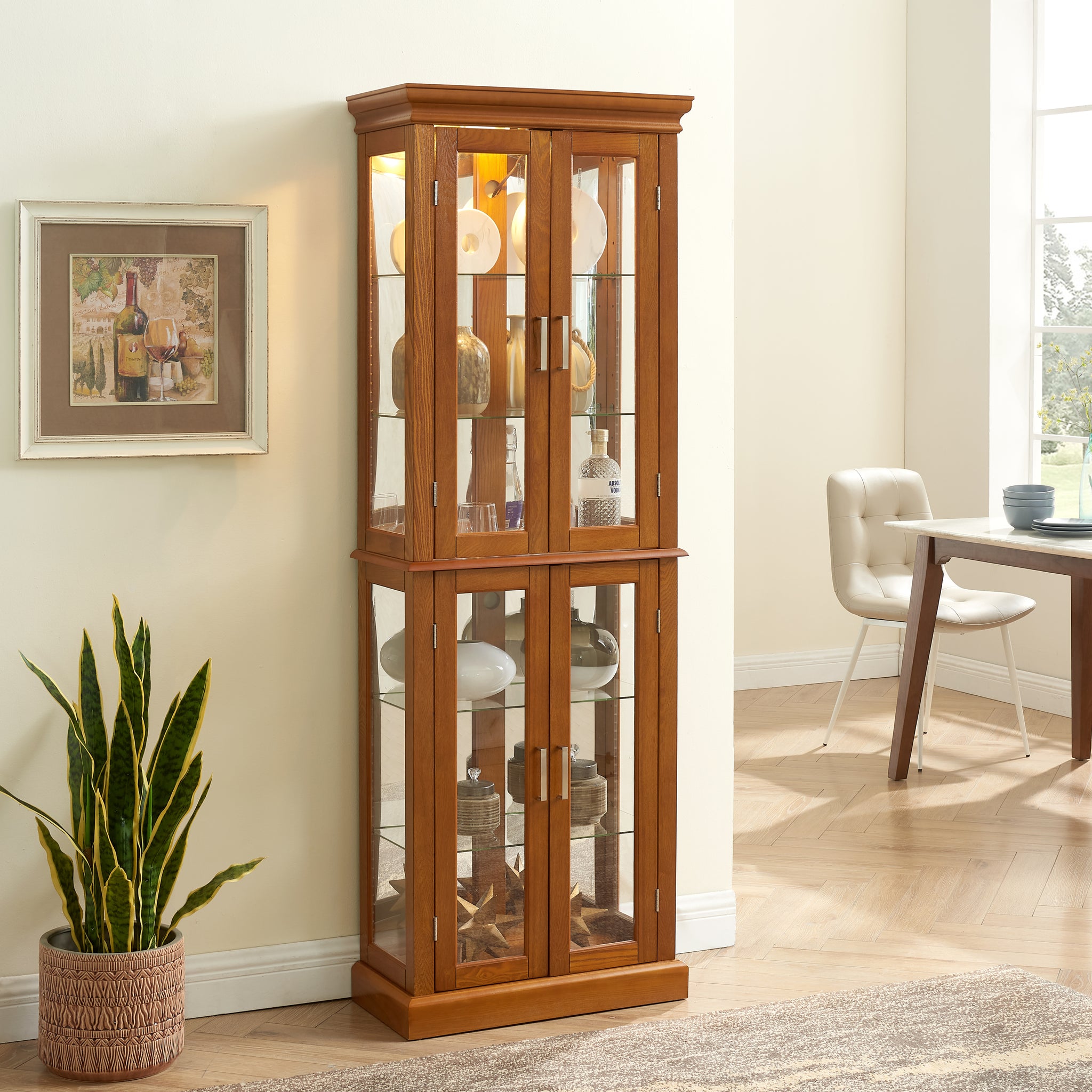 Curio Cabinet Lighted Curio Diapaly Cabinet With Adjustable Shelves And Mirrored Back Panel, Tempered Glass Doors Oak, 6 Tier , E26 Light Bulb Not Included Oak Mdf