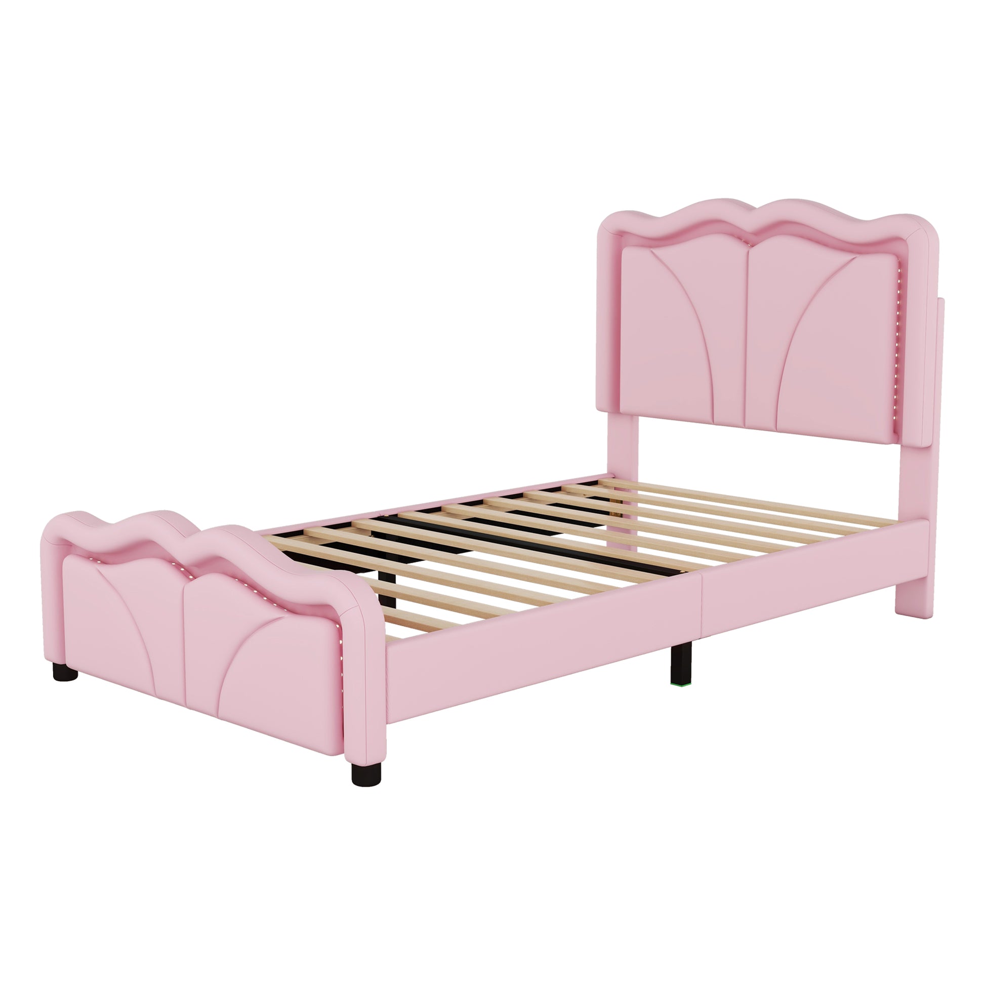 Twin Size Upholstered Platform Bed With Curve Shaped And Height Adjustbale Headboard,Led Light Strips,Pink Twin Pink Upholstered