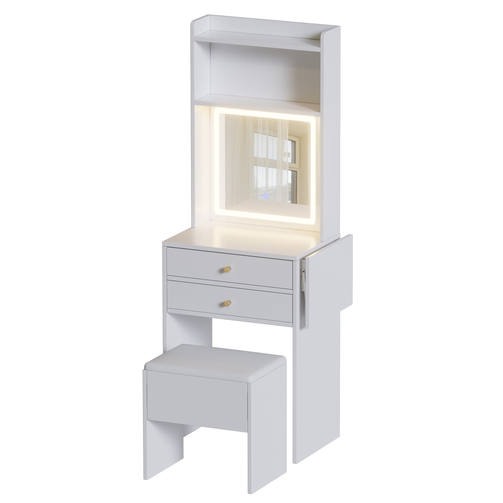 Small Space Vanity Table Set With 3 Adjustable Lighted Mirror And Storage Chair, Makeup Vanity Table For Small Space, White Dressing Table With Fold Up Panel For Bedroom Hinged White White Drawer 2