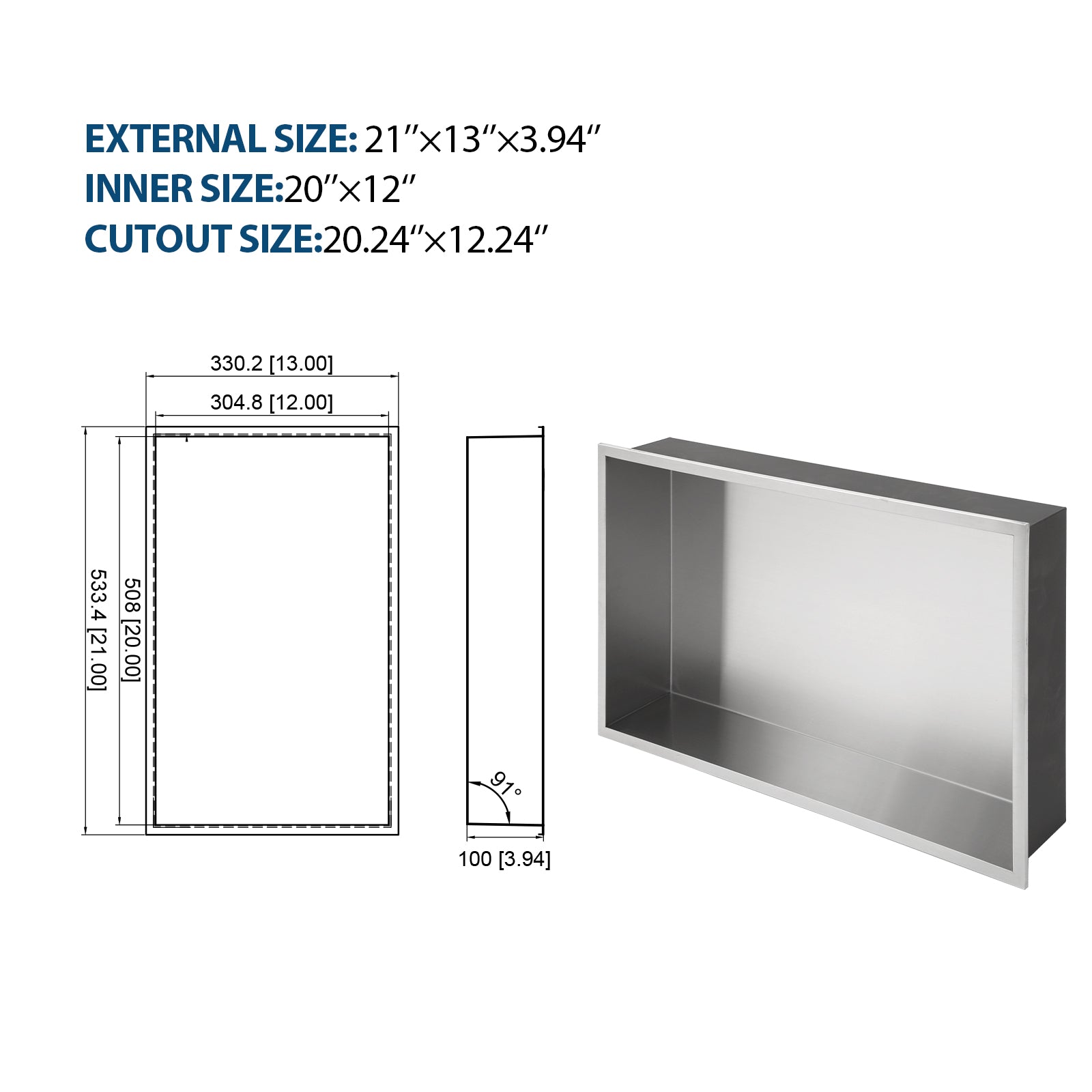 21" X 13" Stainless Steel Shower Niche, Brushed Nickel Brushed Nickel Stainless Steel