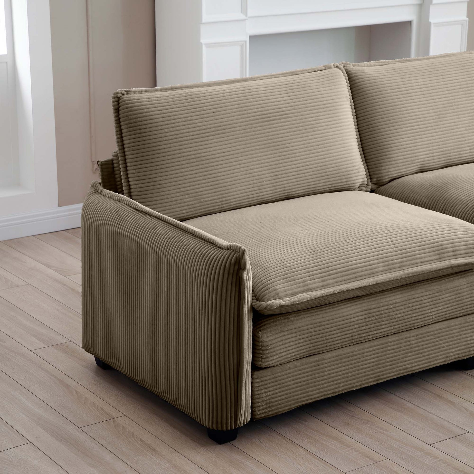 Over Size U Shape Corduroy Sofamodern Upholstered 4 Seater Sofa With 2 Ottomans, Premium Soft Corduroy Fabric Sofa Camel Corduroy 4 Seat