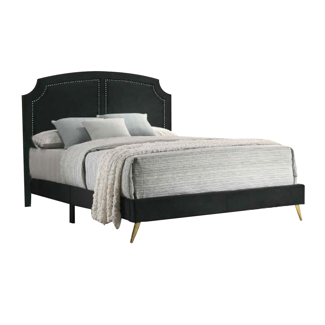 Lily Platform King Upholstered Bed, Padded Headboard, Black, Gold King Black Gold Wood Fabric