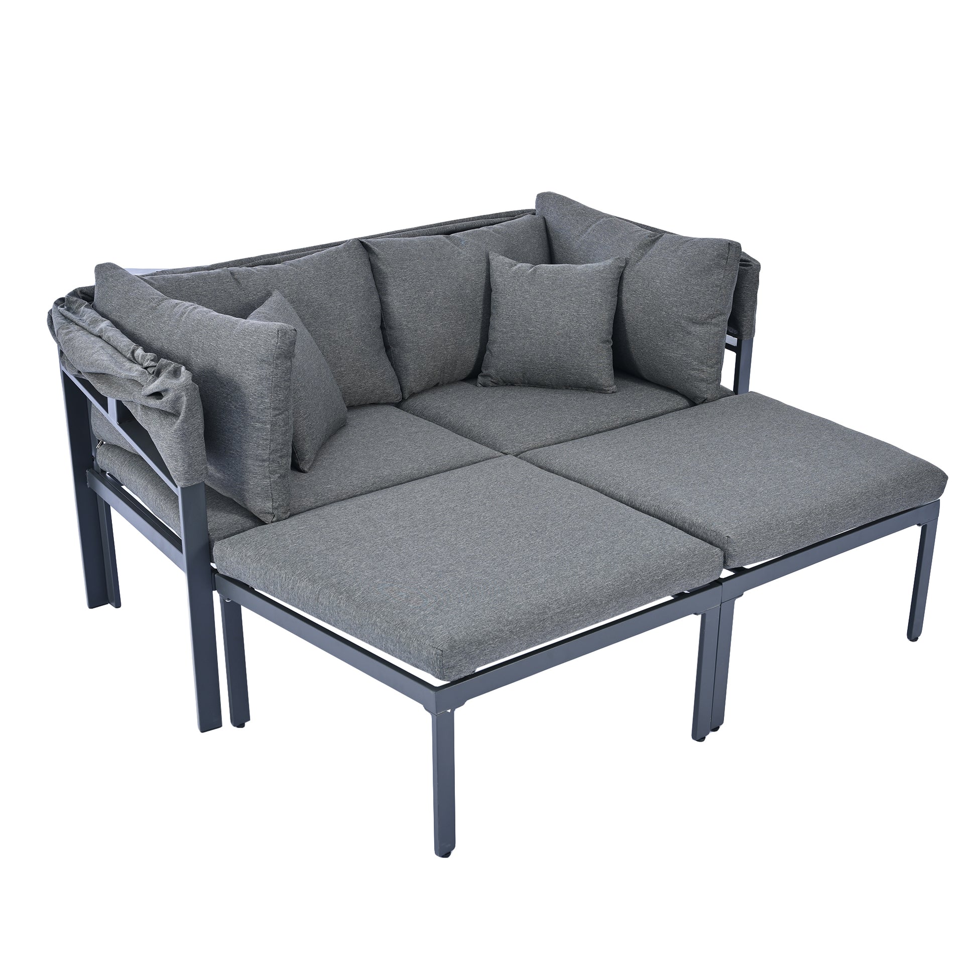 3 Piece Patio Daybed With Retractable Canopy Outdoor Metal Sectional Sofa Set Sun Lounger With Cushions For Backyard, Porch, Poolside,Grey Yes Lounge Gray Weather Resistant Frame Water Resistant Cushion Garden & Outdoor Complete Patio Sets Foam Metal