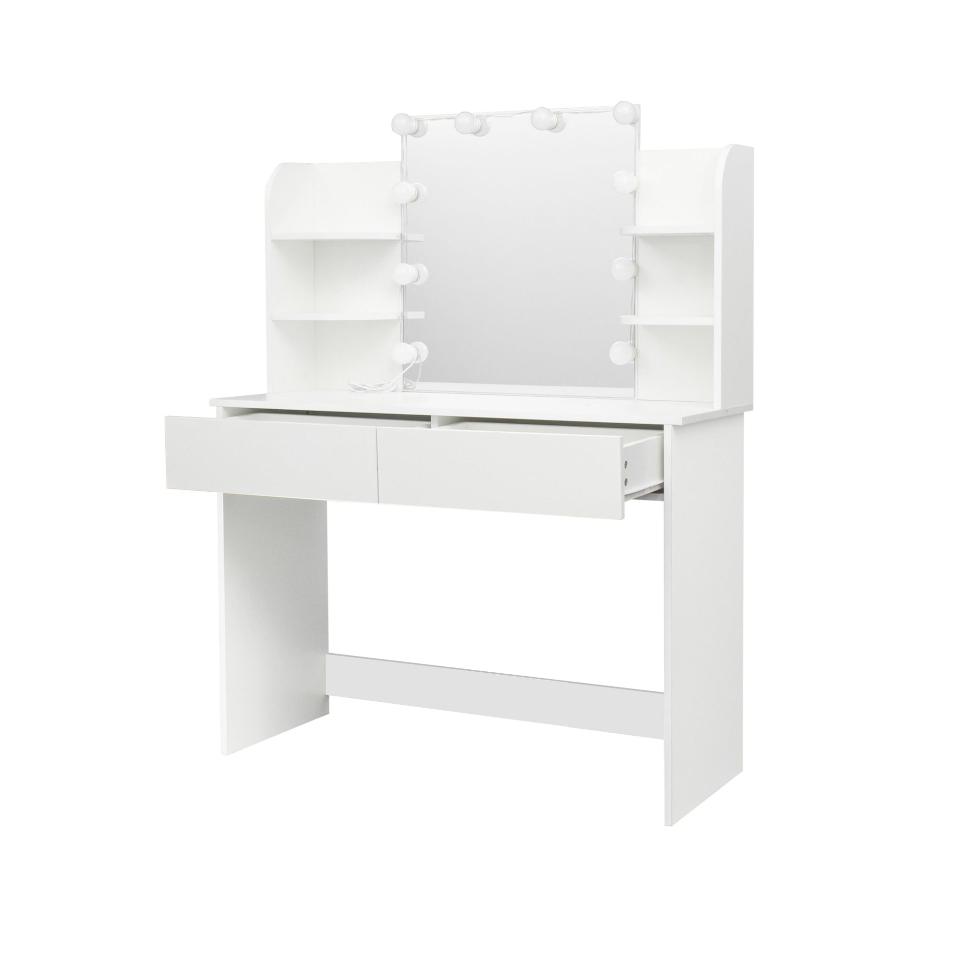 Modern Dressing Table With 2 Drawers, 4 Open Shelves Rectangular Makeup Table With Mirror, 10 Lamp Bulb,42.52*15.75* 52.76Inch,For Bedroom White Particle Board Mdf