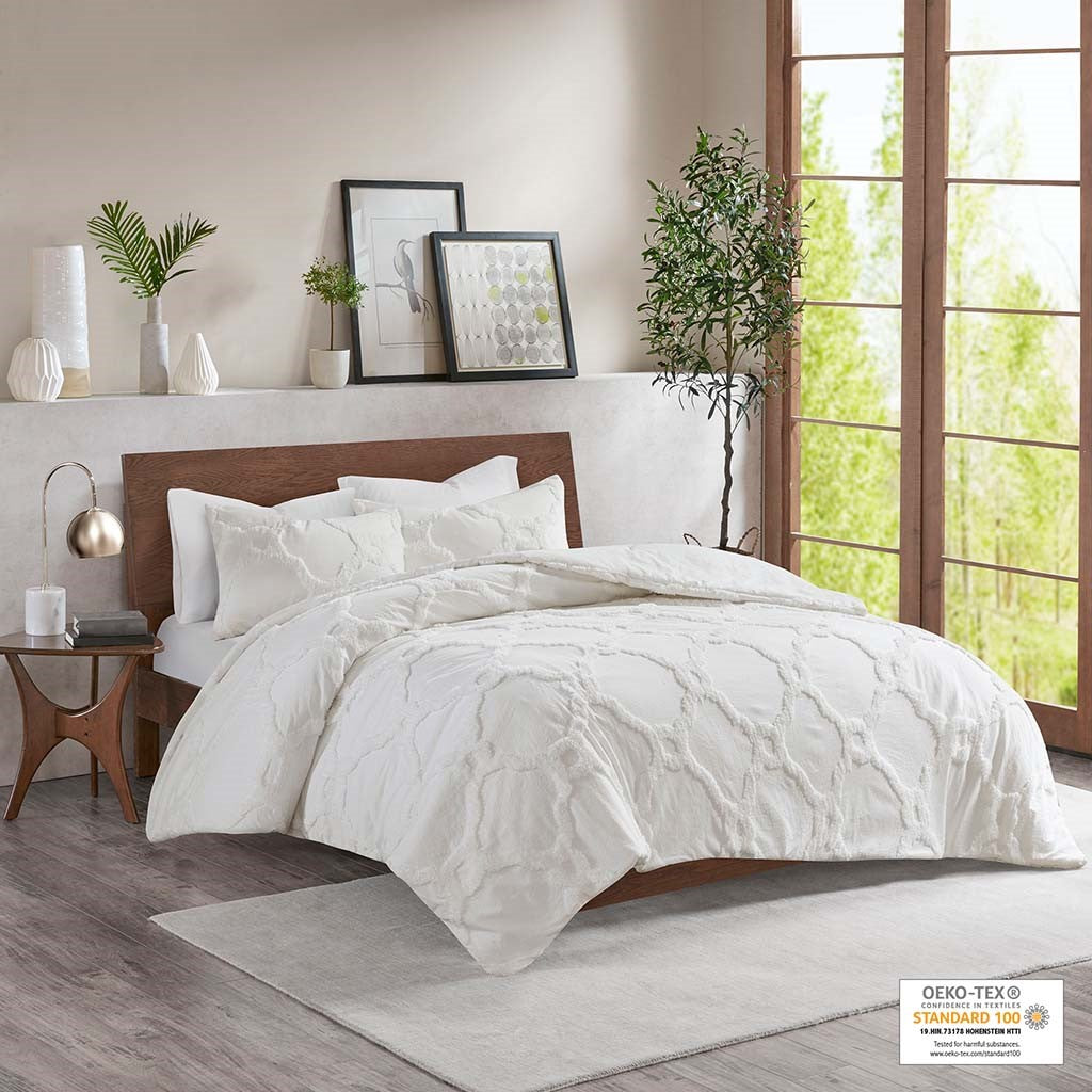 3 Piece Tufted Cotton Chenille Geometric Comforter Set Off White King Cal King King Off White Cotton