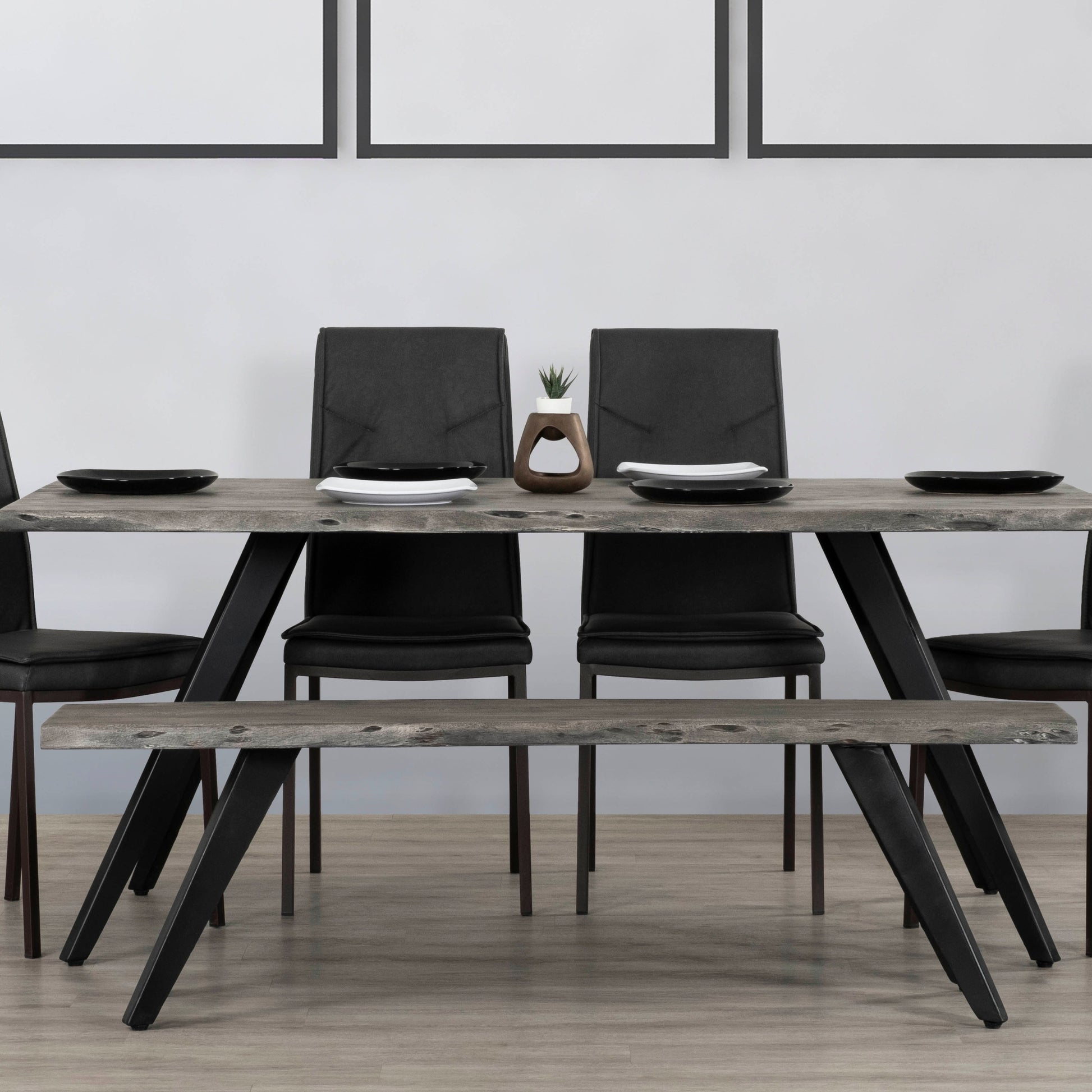 60 Inch Modern Dining Bench, Acacia Wood Table, Live Edge, Iron Legs, Gray, Black Black Gray Gray Dining Room Modern Acacia Iron Acacia Wood