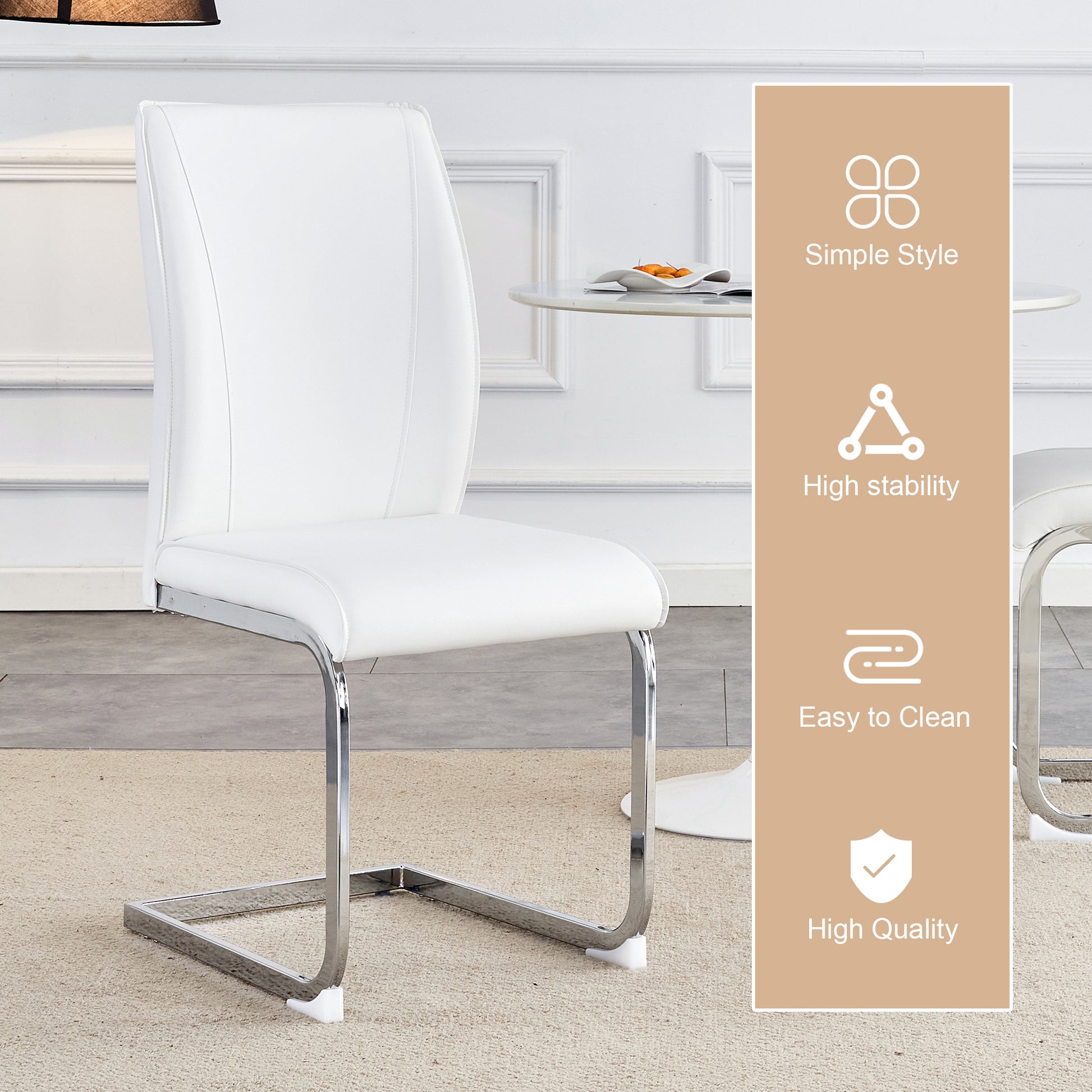 Table And Chair Set.Modern Dining Table,Tempered Glass Tabletop And Silver Colored Leg.Paired With 4 Soft And Comfortable White Pu Chair, Perfect For Dinner, Meetings, Home And Office Decor. White