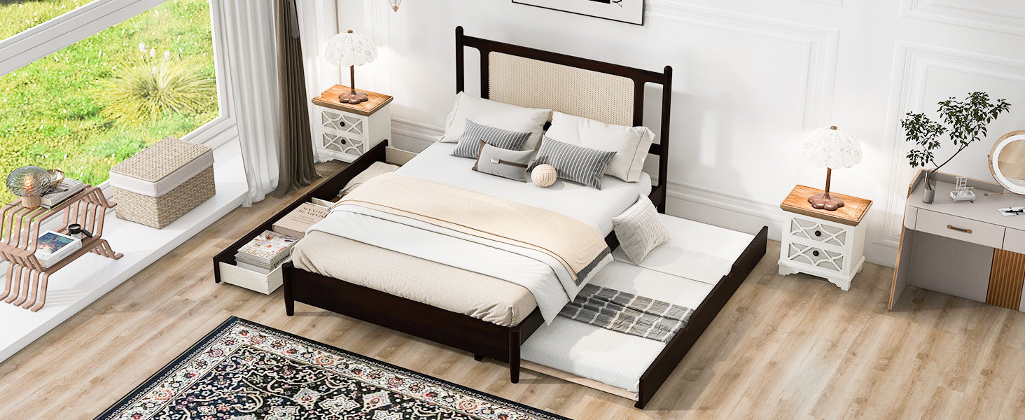 Queen Size Wooden Rattan Platform Bed, With 2 Big Drawers, T Size Trundle, Espresso Queen Espresso Plywood