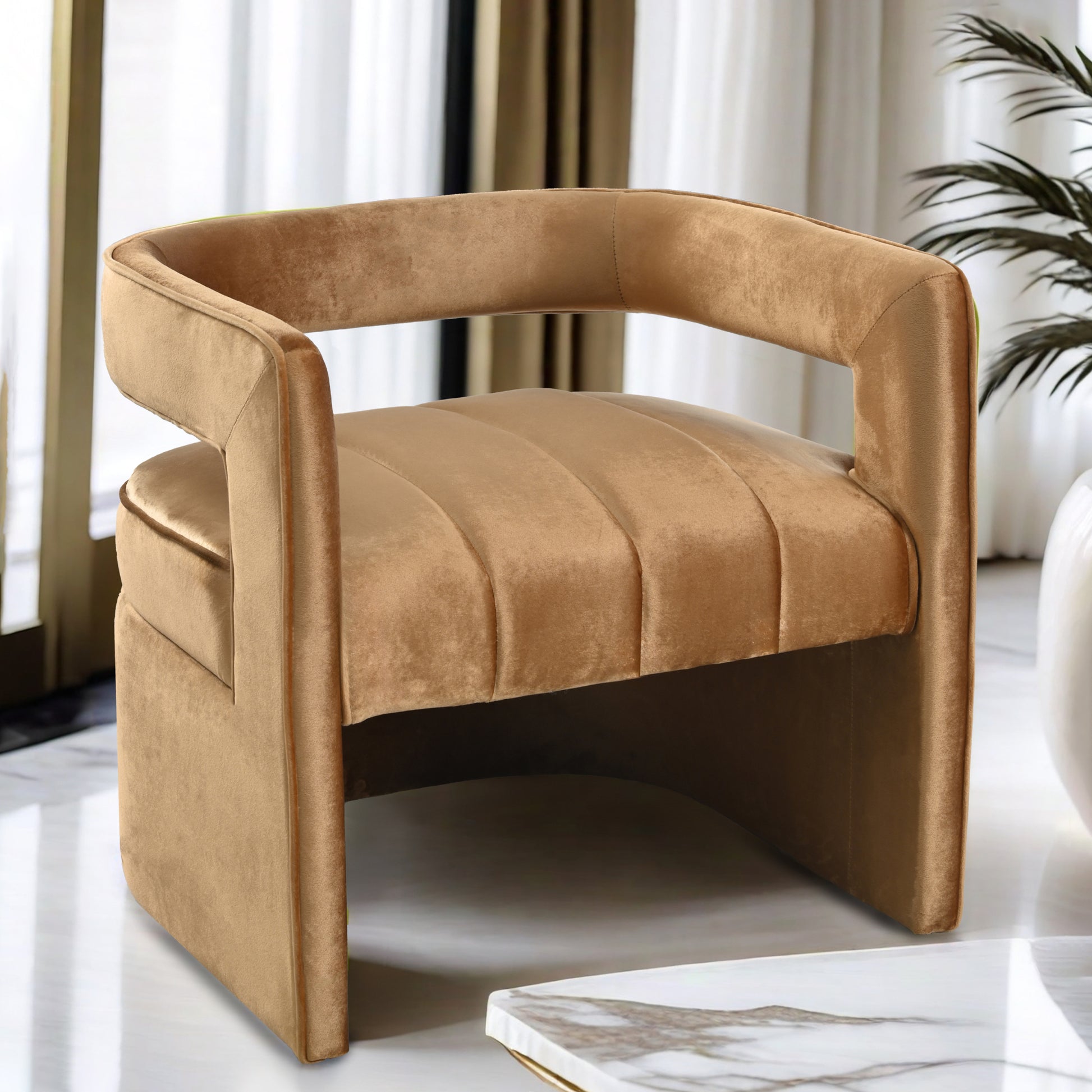 Modern Velvet Accent Chair With Ribbed Detail, Luxury Curved Fully Upholstered Accent Chair, Brown No Assembly Needed Brown Velvet