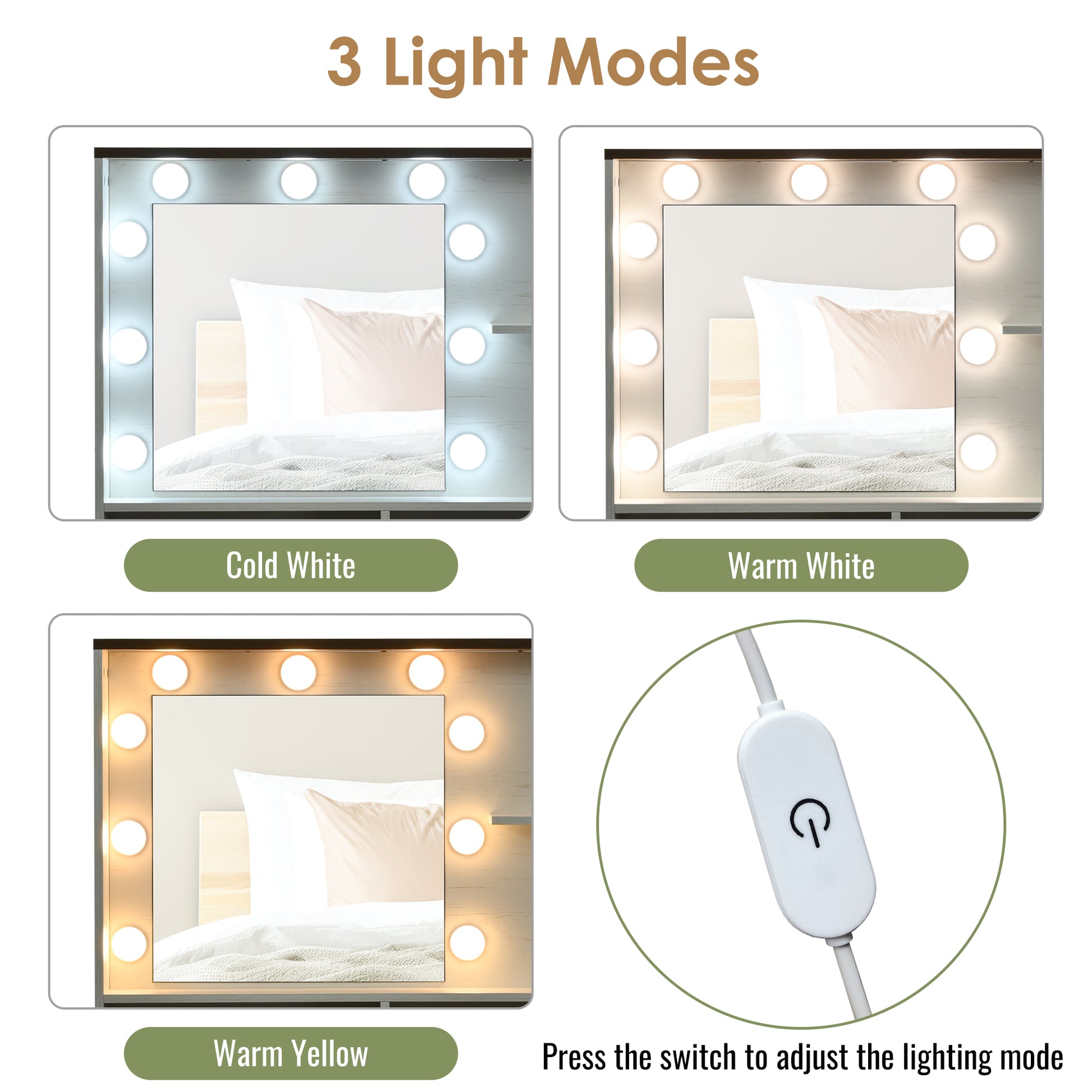 Farmhouse Makeup Vanity Desk With Mirror And Lights, 3 Lighting Modes, Vanity Set With Stool, Dressing Table With Adjustable Shelves,2 Drawers And Side Cabinet For Bedroom, White Brown White Bedroom