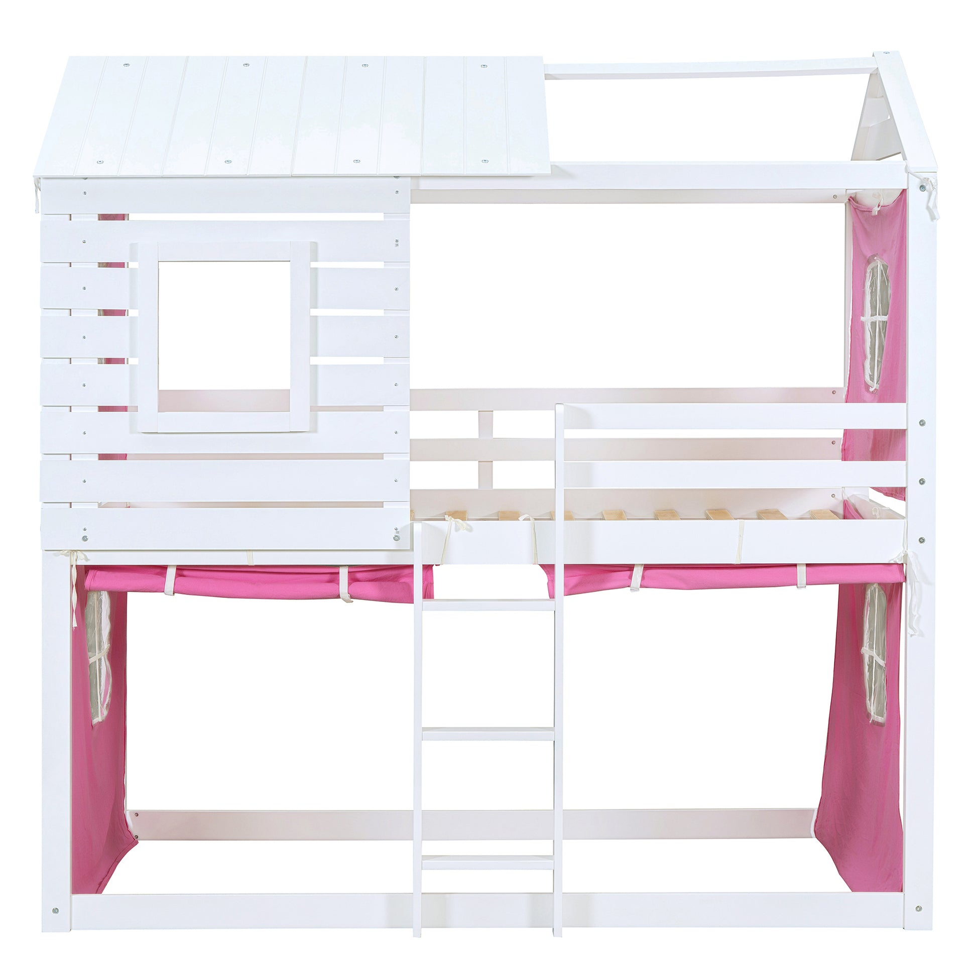 Twin Size Bunk Wood House Bed With Tent, Pink White Twin Pink White Solid Wood Mdf