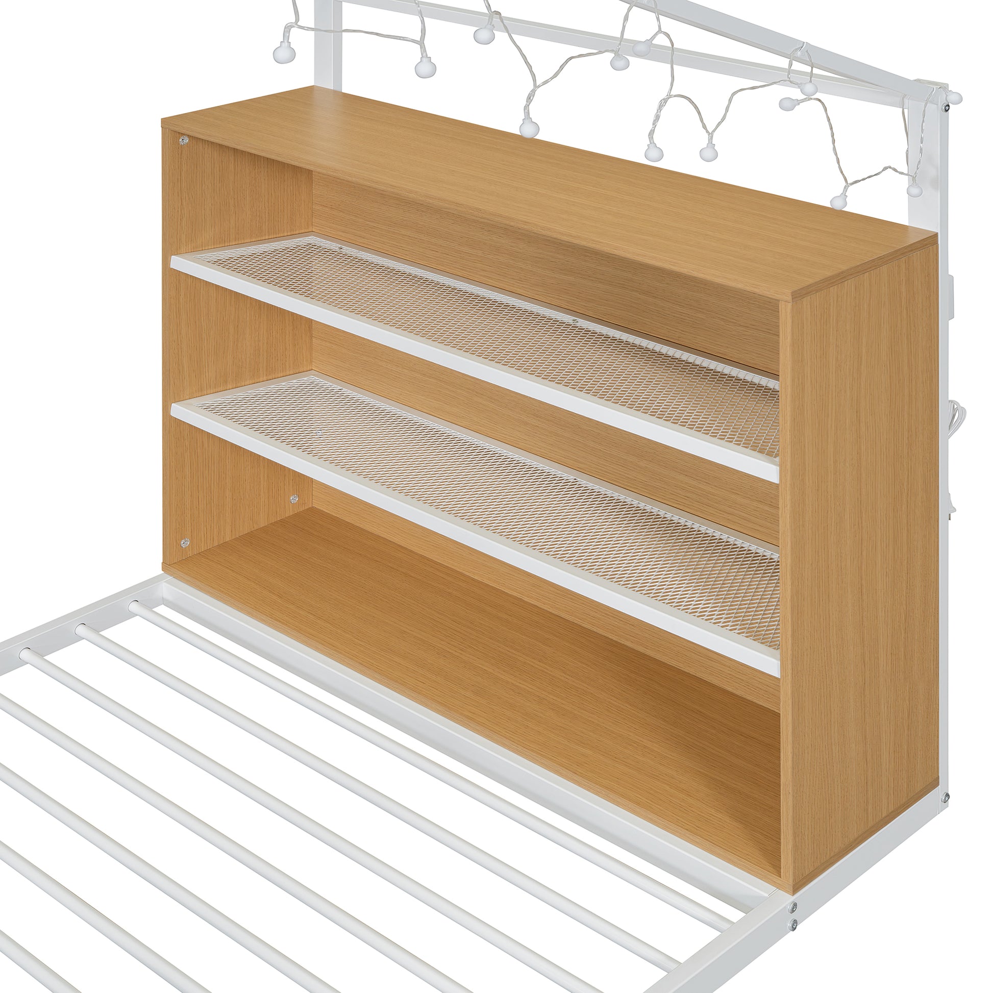 Twin Size Metal Bed House Bed Frame With Shelves And Lights, White Twin White Metal & Wood