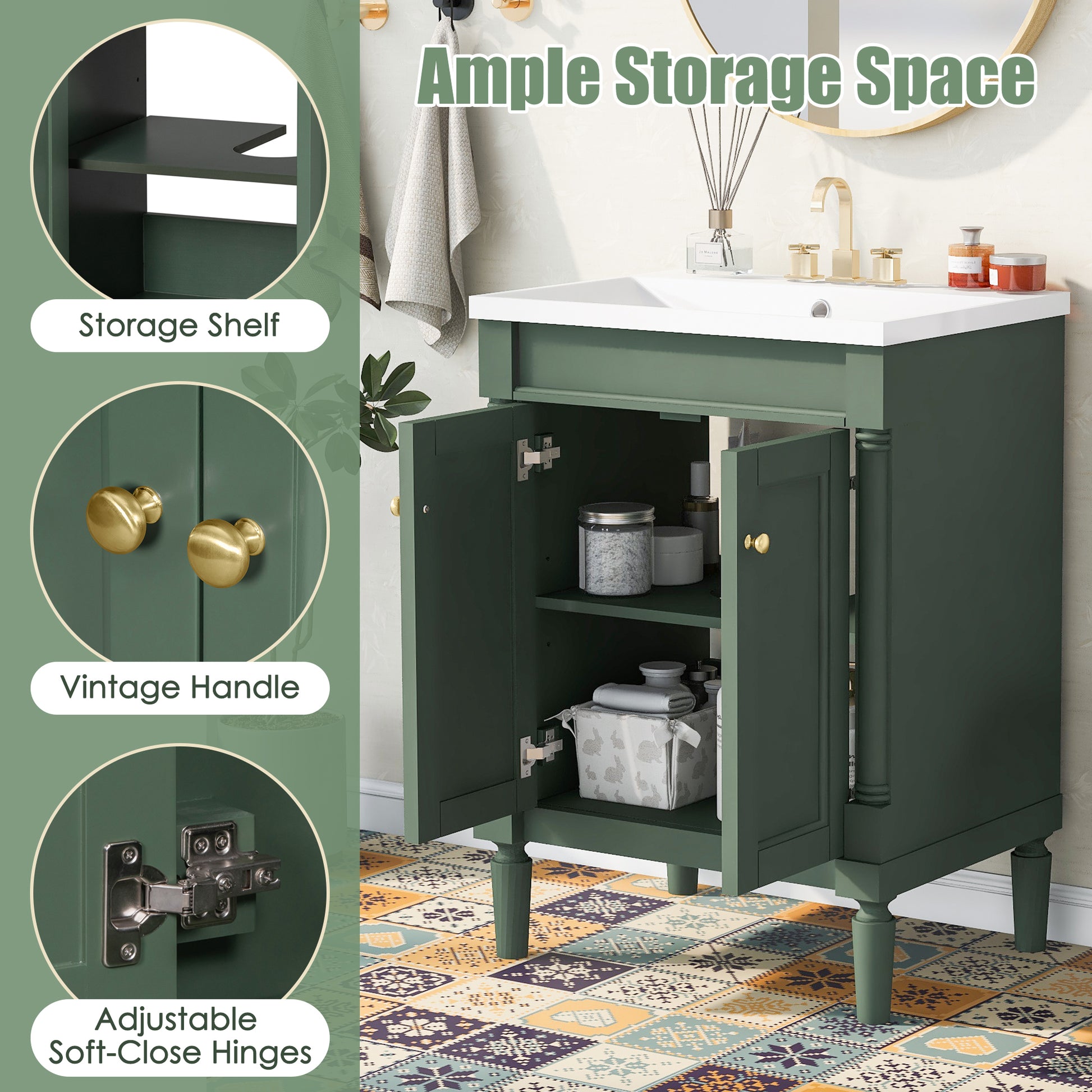 24'' Bathroom Vanity With Top Sink, 2 Tier Modern Bathroom Storage Cabinet, Single Sink Bathroom Vanity, Large Storage Shelves Green Mdf