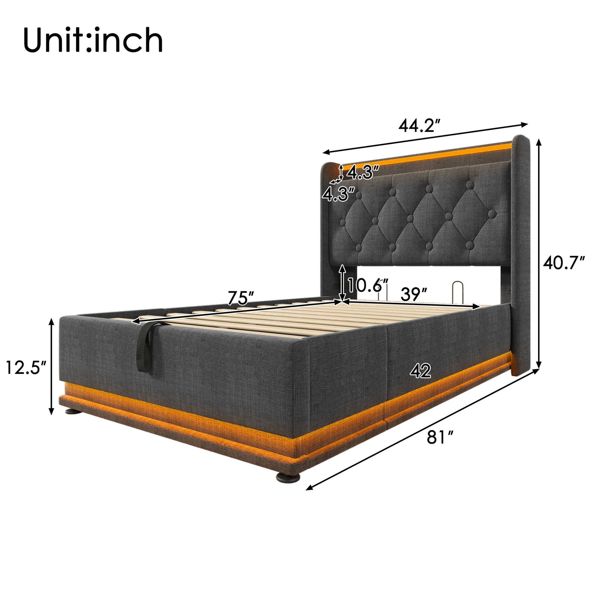 Twin Size Upholstered Bed, 360 Surround Led Function, Buttons Apps Remote Control, Hydraulic Storage Bed With Usb Type C Charging, Gray,Linen Without Mattress Twin Gray Linen