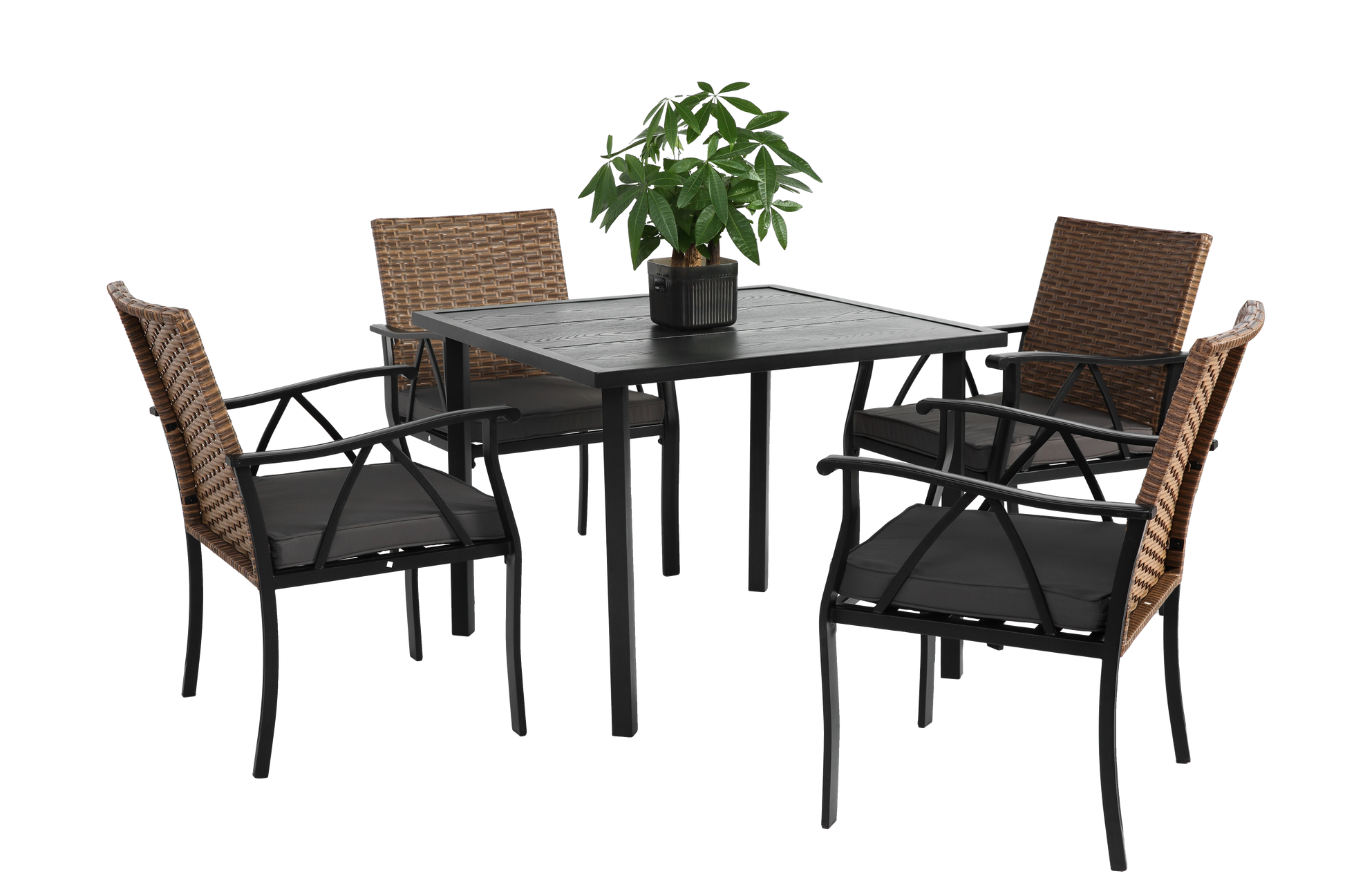 5 Piece Wicker Outdoor Table And Chairs, Patio Dining Set W Square Steel Tabletop And Umbrella Hole, Patio Table And Chairs Set For Backyard Deck Balcony Front Porch Brown Gray Cotton Steel