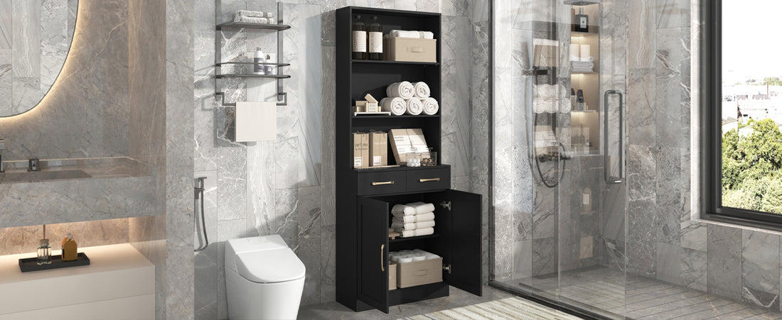 Bathroom Storage Cabinet, Cabinet With Two Doors And Drawers, Adjustable Shelf, Three Layer Open Shelf, Mdf Board, Black Black Mdf