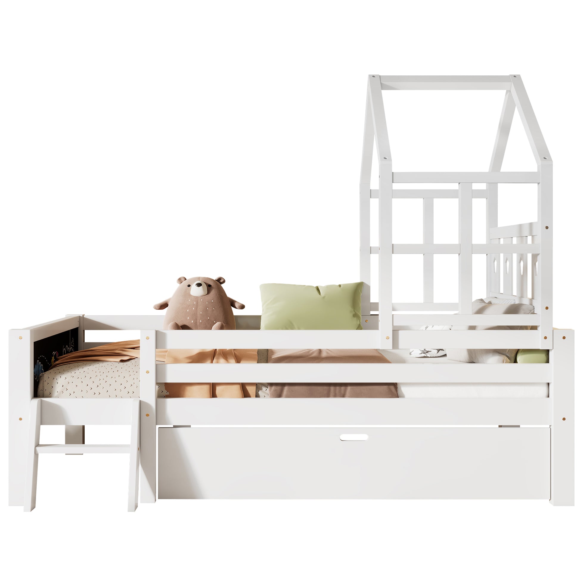 Twin Size House Bed With Ladder And Storage Drawers For Kid Bedroom,Solid Wood Platfrom Bedframe With 2 Blackboard Design, No Box Spring Needed, White Twin White Partice Board Mdf Pine Wood