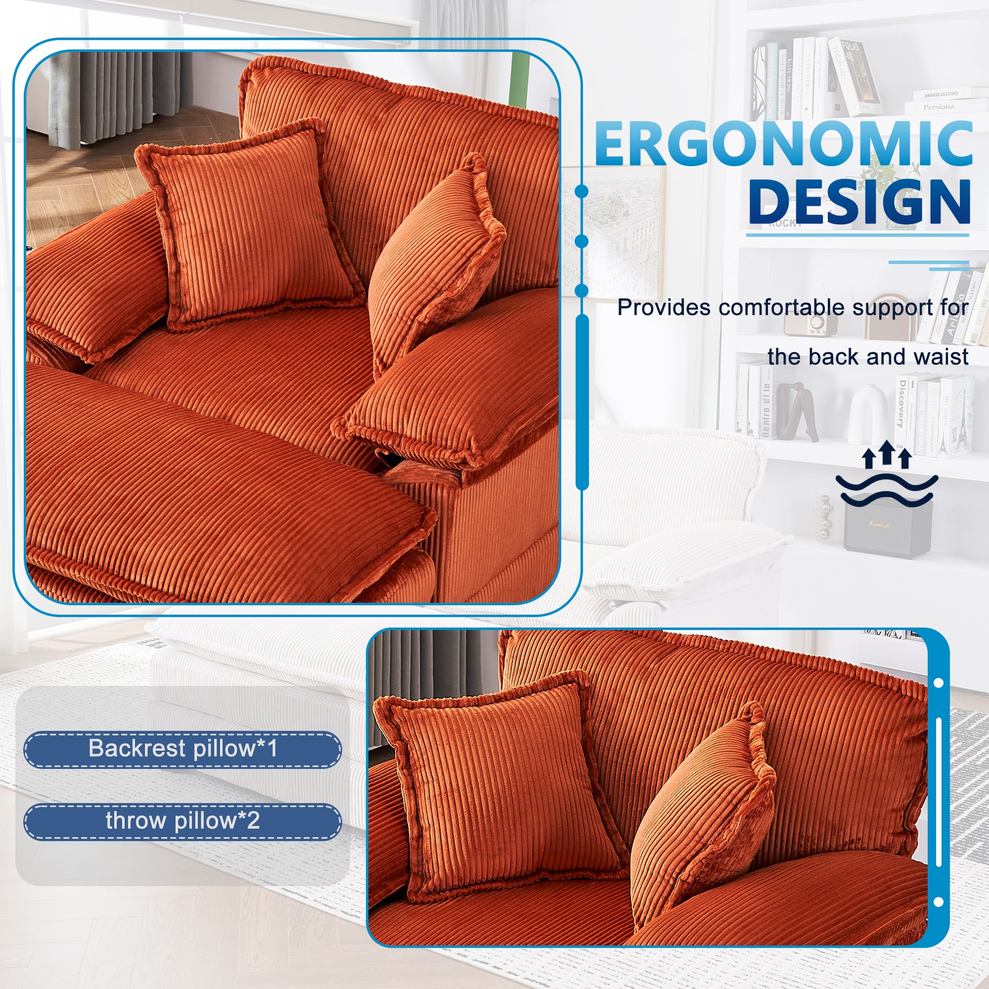 56.3 Inch Corduroy Single Sofa With 2 Toss Pillows And A Ottoman ,Comfy Sofa Deep Seat Couch For Living Room Orange Foam 1 Seat