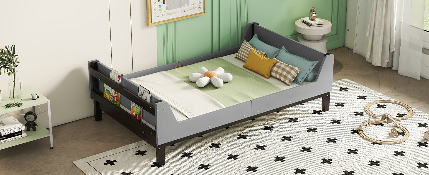 Twin Bed With Headboard, Footboard, Safeguards, Built In Bed End Book Storage Rack ,Grey Twin Grey American Design Pine