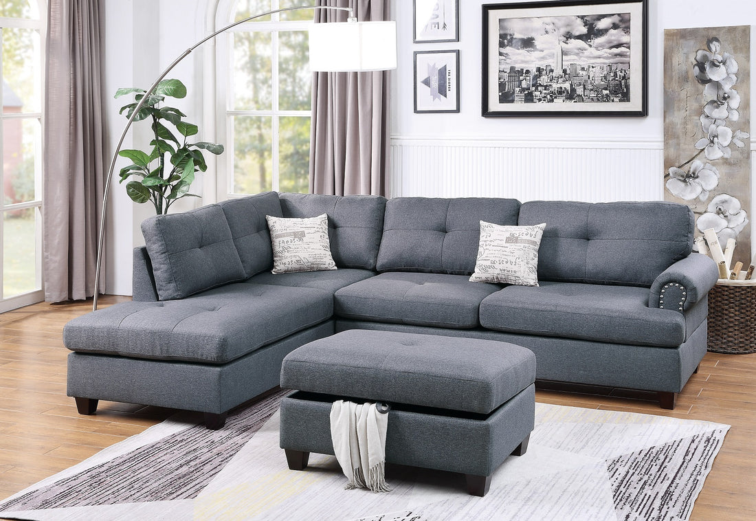 3 Pcs Sectional Sofa Blue Grey Polyfiber Cushion Sofa Chaise Ottoman Reversible Couch Pillows Blue Grey Wood Primary Living Space Tufted Back Contemporary,Modern L Shaped Rubberwood Particle Board 5 Seat