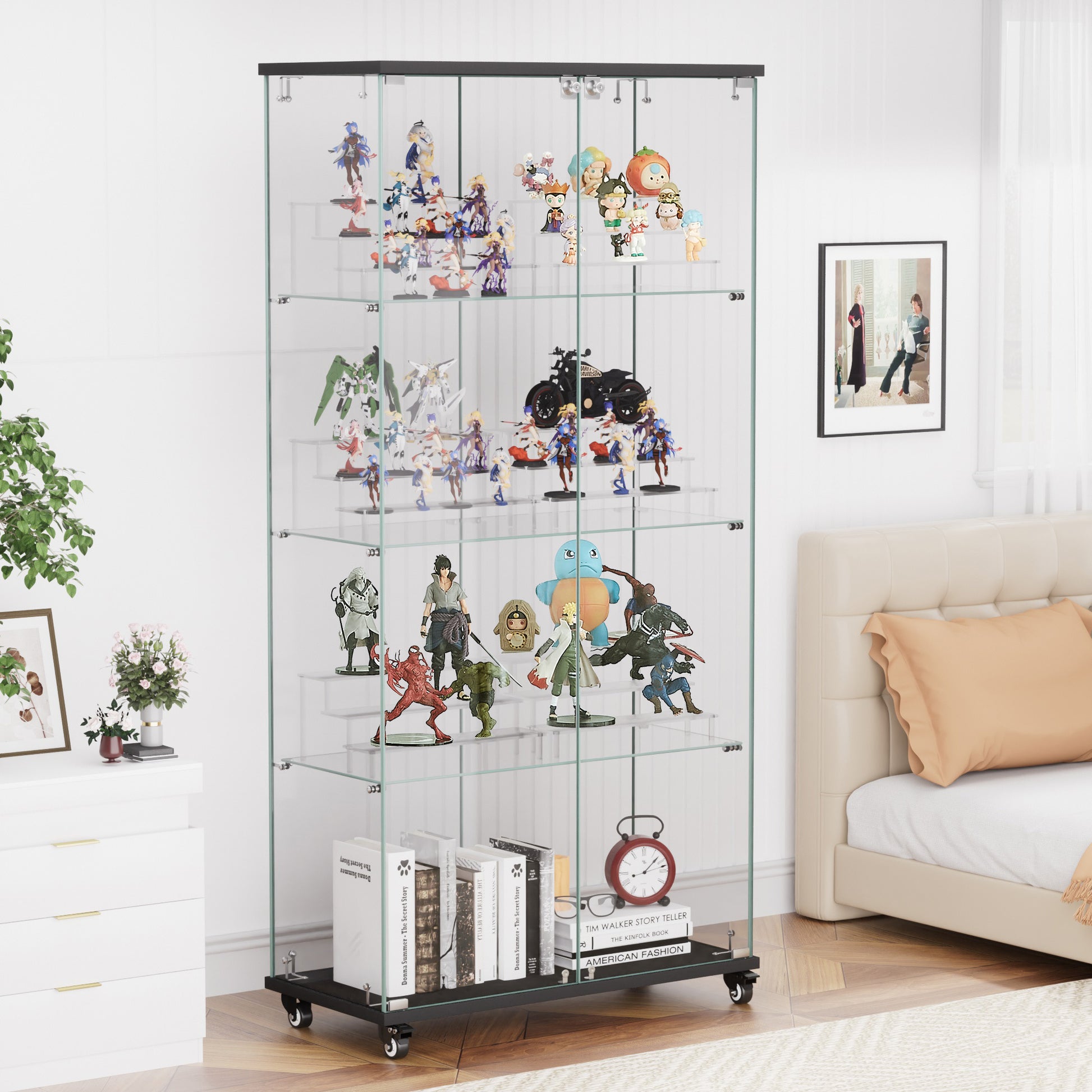 4 Tier Glass Display Cabinet, Double Door Glass Cabinet With Two Locks, Floor Standing Storage Cabinet With 6 Acrylic Shelves For Living Room, Bedroom And Office, Black, 31.5"L X 14.2"W X 65.1"H