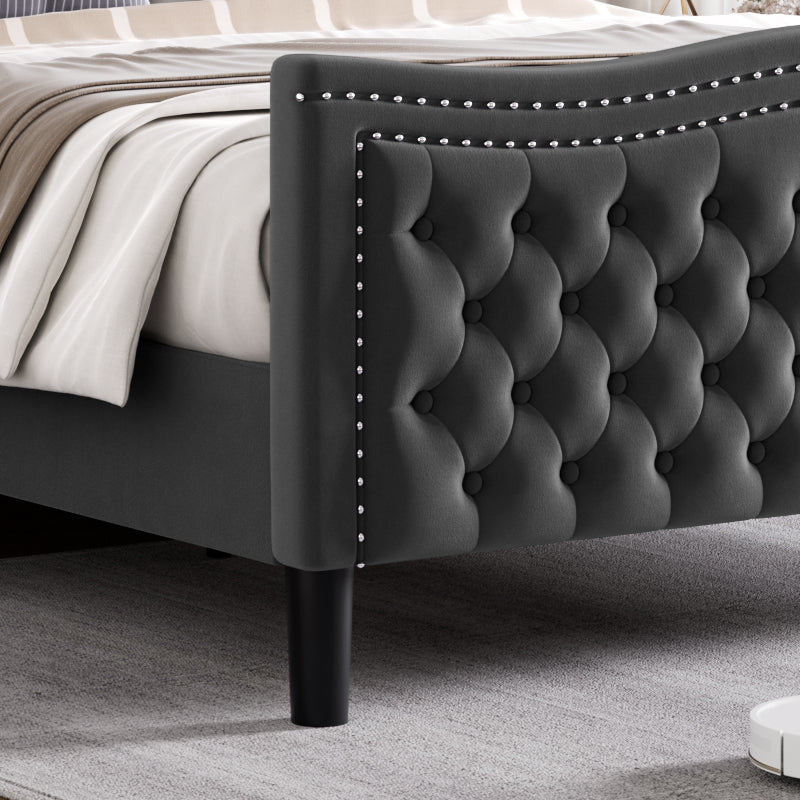 Lift Up Velvet Gray King Size Bed Box Spring Not Required King Gray Wood Light Brown Bedroom American Design Poplar Slat Beds Foam Velvet Upholstered