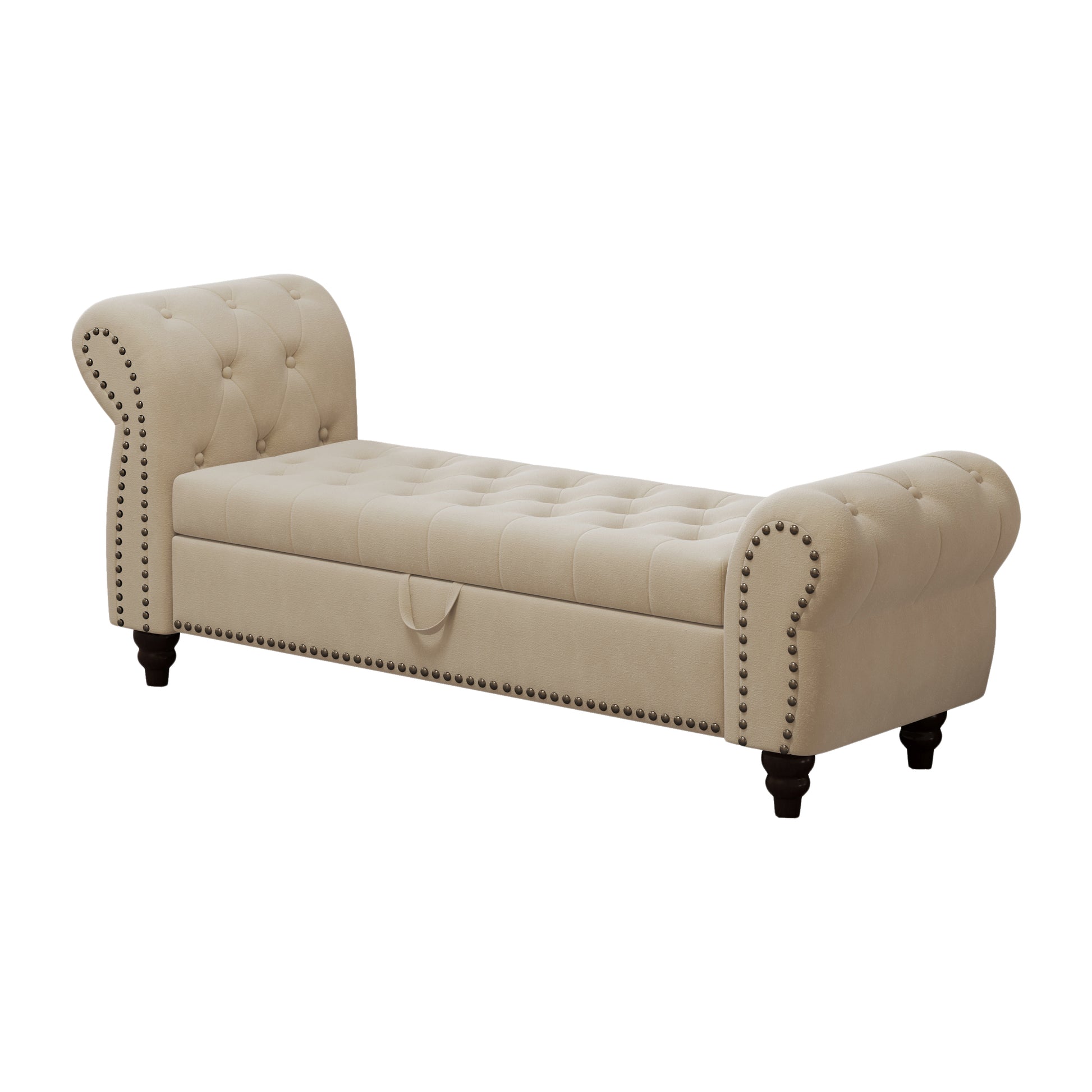 64.5" Bed Bench For Bed Room Nails Tufted Chaise Of Lounge With Storage Velvet Upholstery Beige Beige Foam Velvet