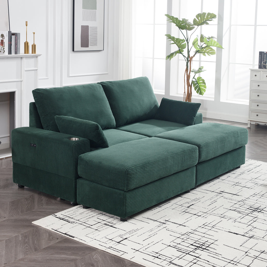 Green 2 Seater Sofa With Usb Cup Holder With 2 Ottoman Green Solid Wood 2 Seat