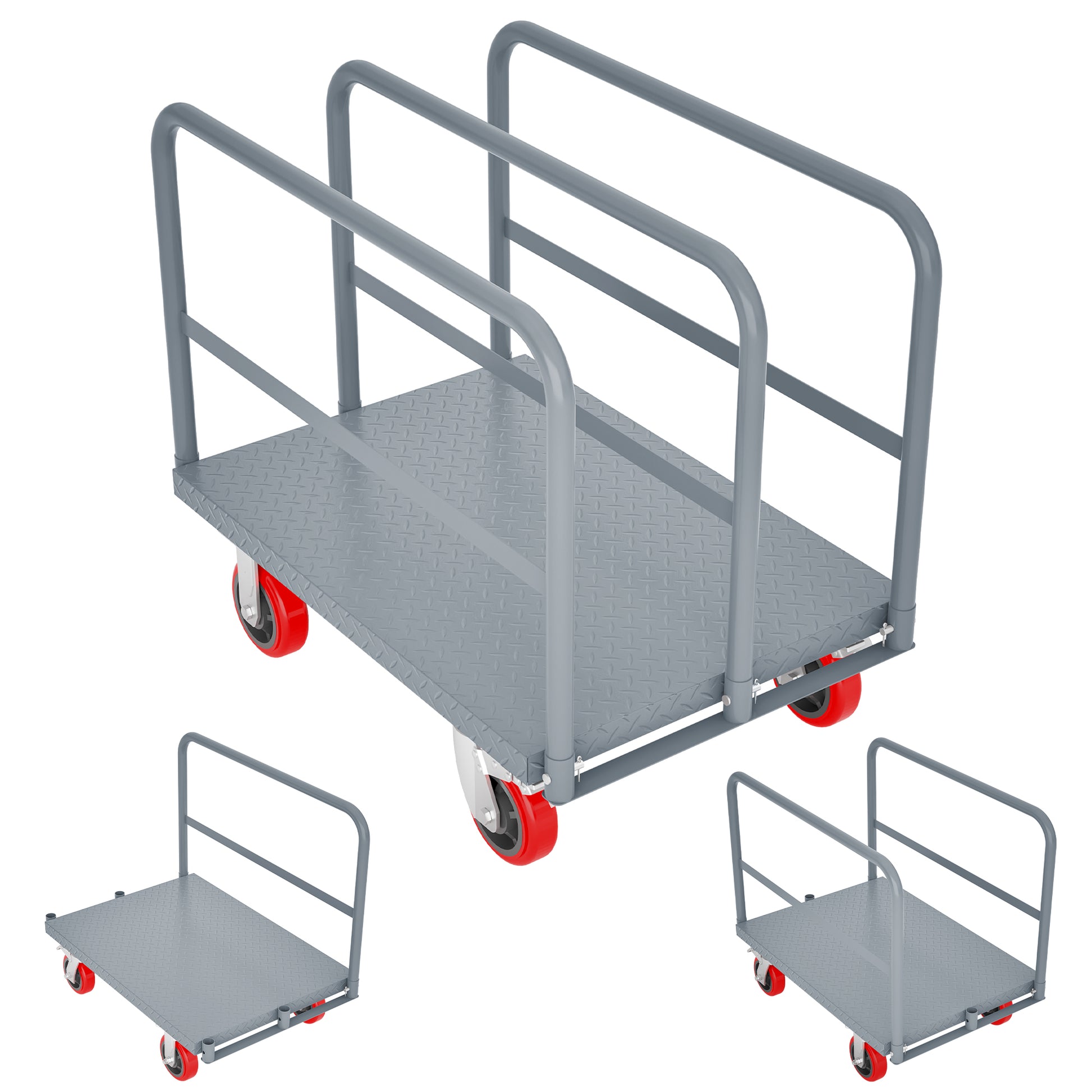 Steel Panel Truck, Heavy Duty Drywall Cart Lumber Cart Platform Truck Flat Cart, 2000Lbs, 6" Swivel Brake Casters, With 3 Side Handrails 36" X 24" Grey Metal