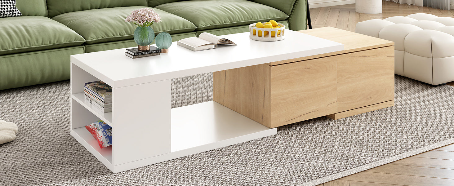 47.2'' 57''W Extendable Coffee Table With 2 Storage Drawers, Dual Tone Wood Center Table With Extendable Sliding Tabletop, Multi Functional Hidden Storage Sofa Table For Living Room, White White Primary Living Space Drawers Rectangular Particle Board Mdf