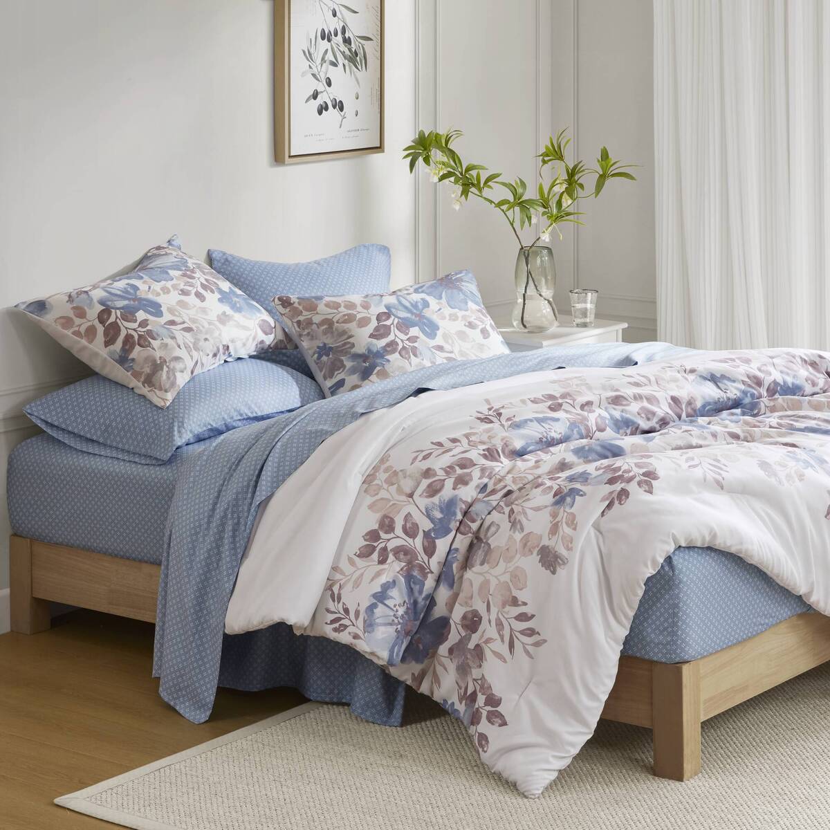 Floral Comforter Set With Bed Sheets Blue King Blue Polyester