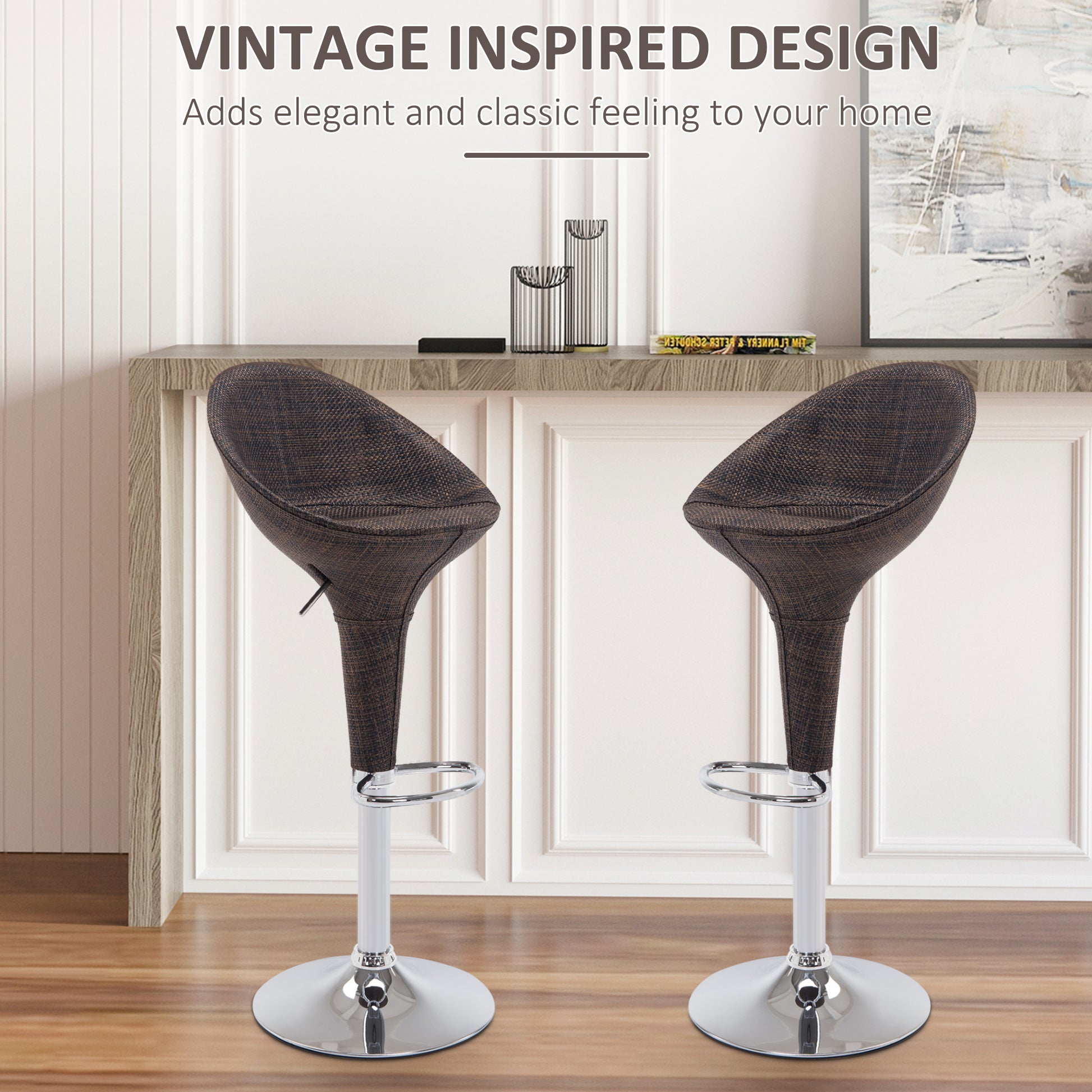 Homcom Adjustable Bar Stools Set Of 2, Rattan Bar Height Barstools With Swivel For Pub Counter Kitchen Brown Steel