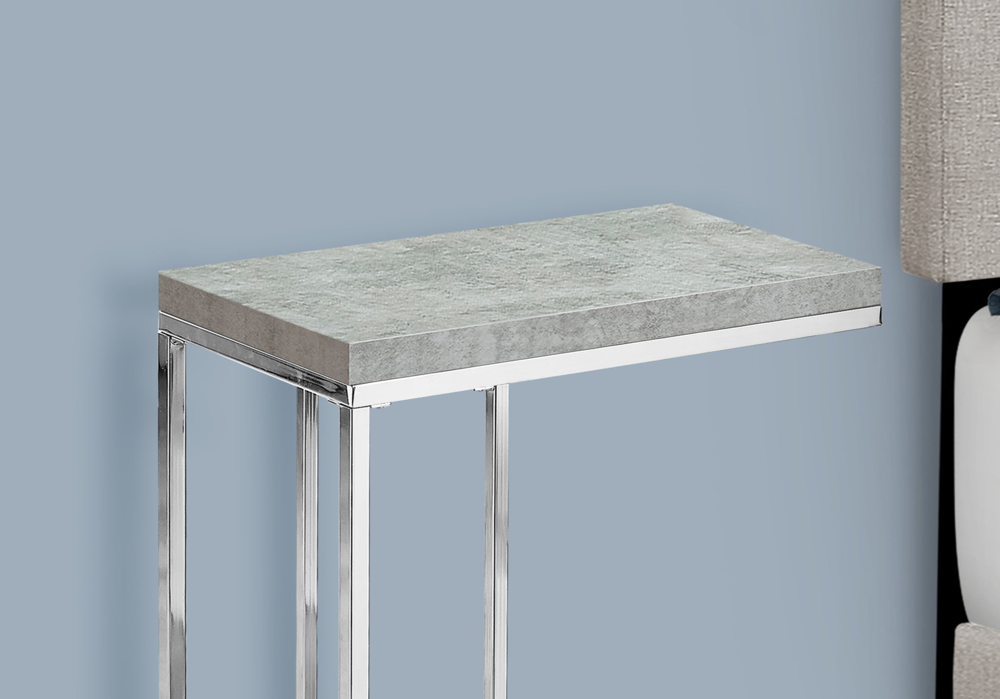 Accent Table, C Shaped, End, Side, Snack, Living Room, Bedroom, Grey Laminate, Chrome Metal, Contemporary, Modern Grey Particle Board