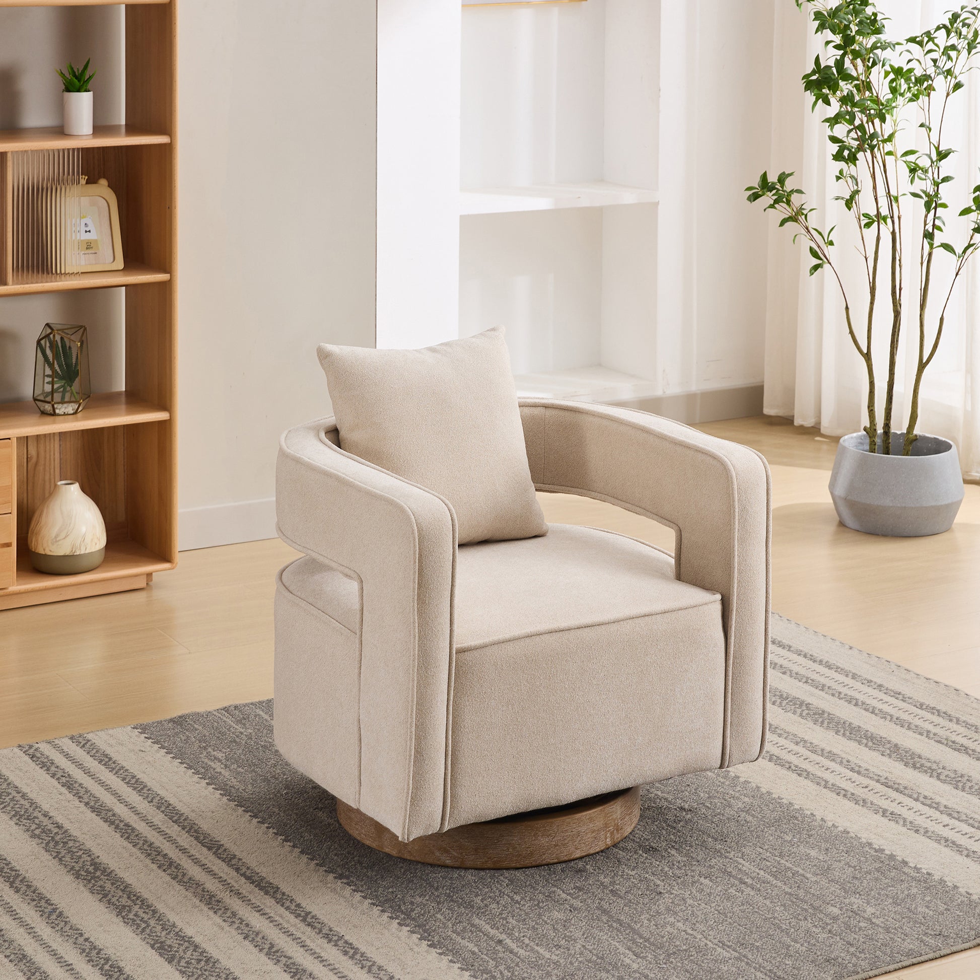 29.1"W Swivel Accent Open Back Chair Modern Comfy Sofa Chair With Weathered Base For Nursery Bedroom Living Room Hotel Office, Club Chair Leisure Arm Chair For Lounge Beige,Linen Blend Beige Linen Blend