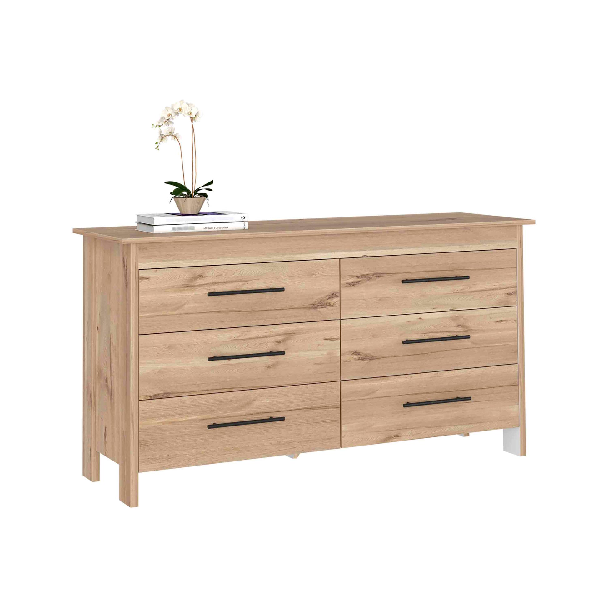 Double Dresser, 6 Drawer, Superior Top, Light Oak White Multicolor Solid Wood Mdf Engineered Wood