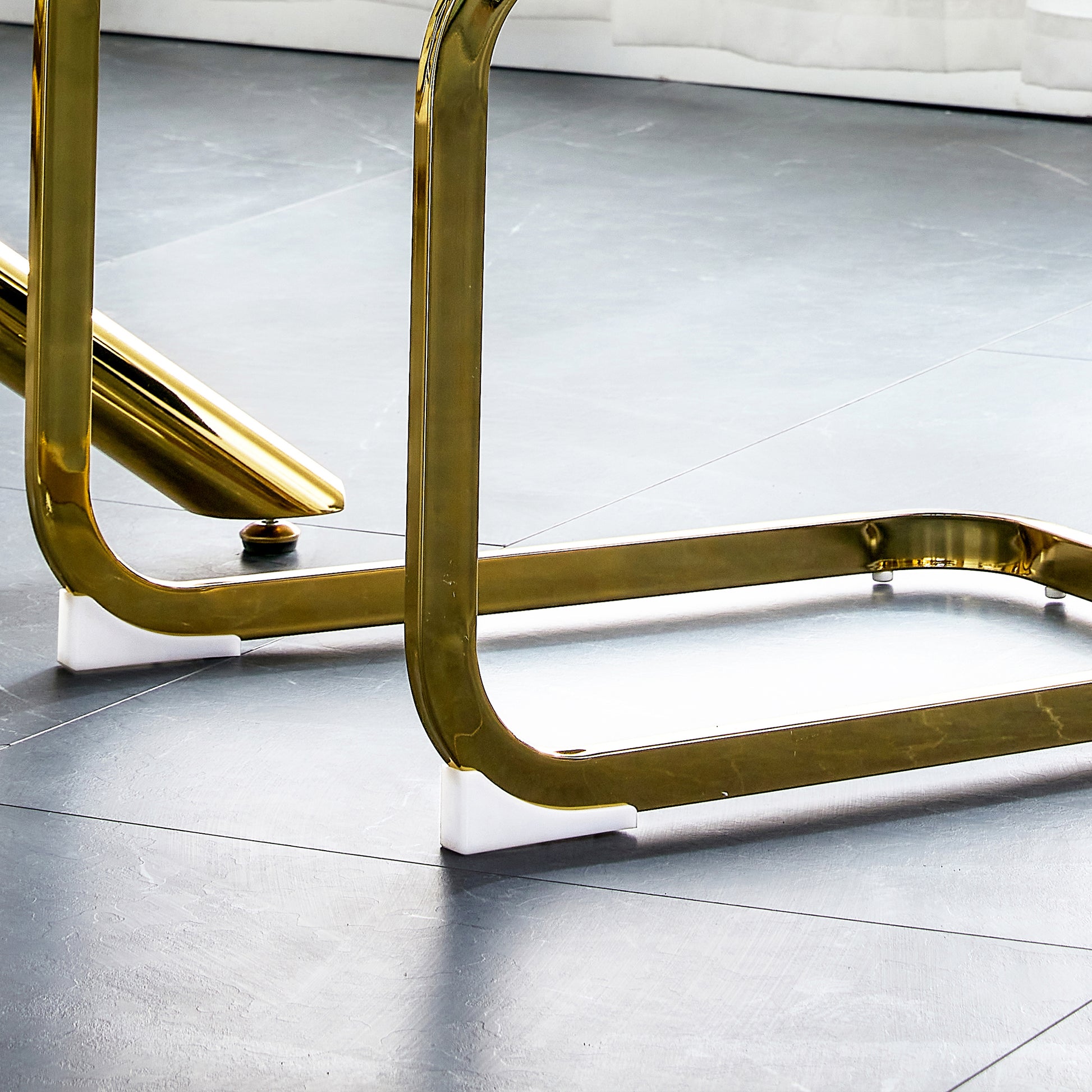 Table And Chair Set, The Table Is Equipped With A Marble Patterned Mdf Tabletop And Gold Table Legs.The Chair Is Equipped With Pu Synthetic Leather High Back Cushion And Gold Coated Metal Legs. Grey Gold Seats 6 Mdf Metal